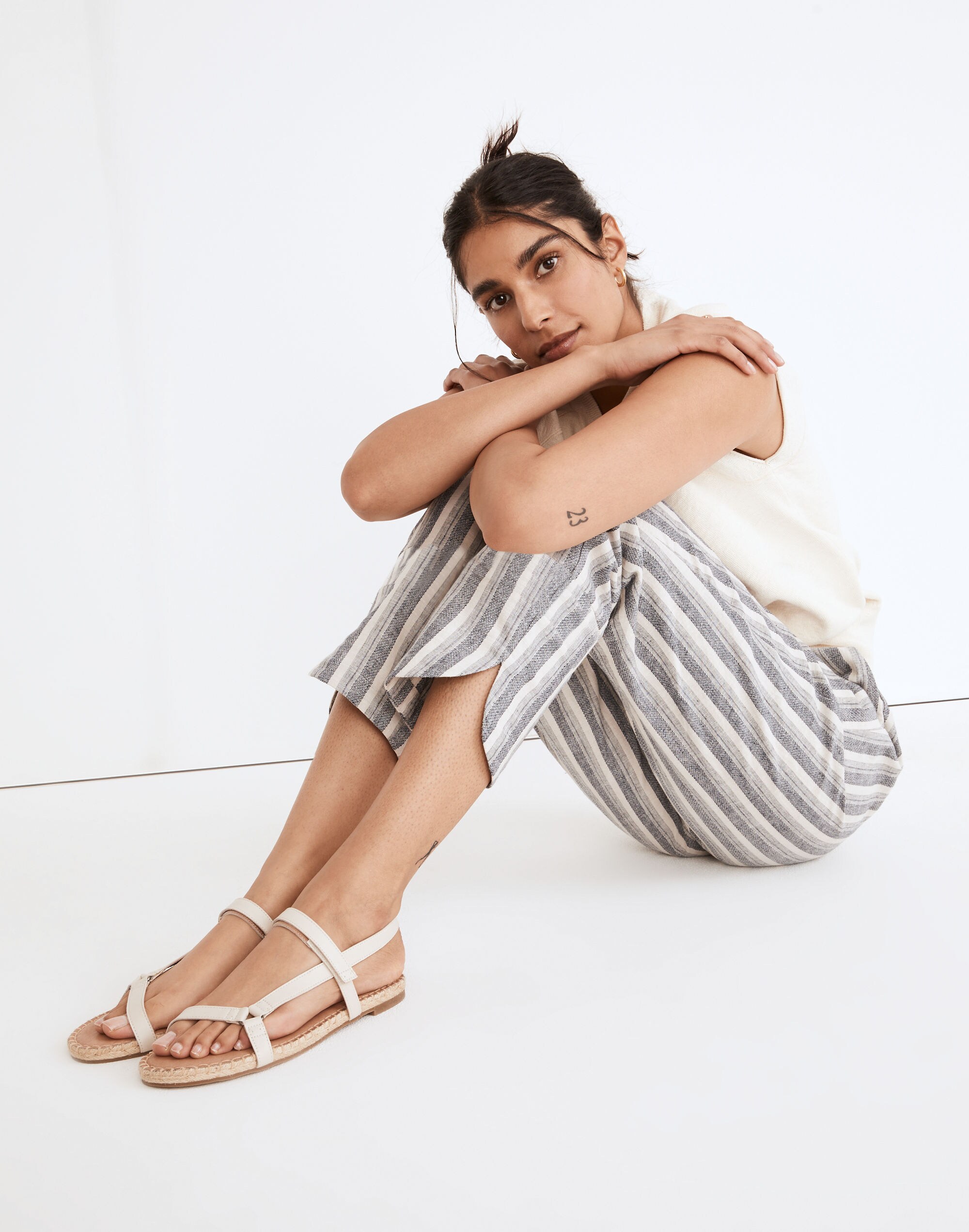 Linen-Cotton Pull-On High-Rise Tapered Pants in Stripe