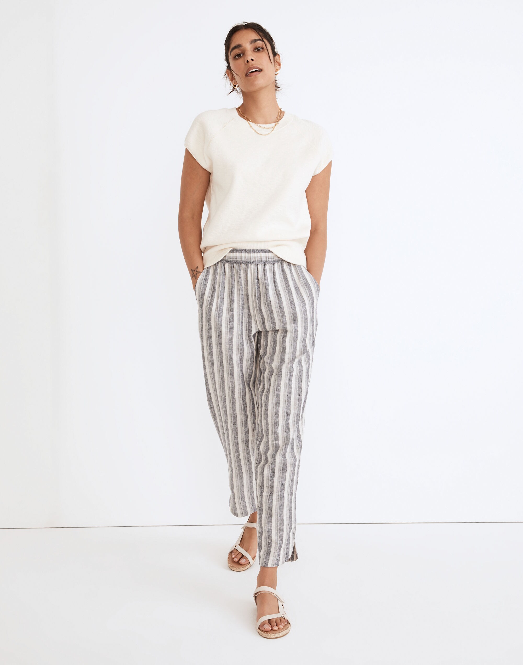Linen-Cotton Pull-On High-Rise Tapered Pants in Stripe