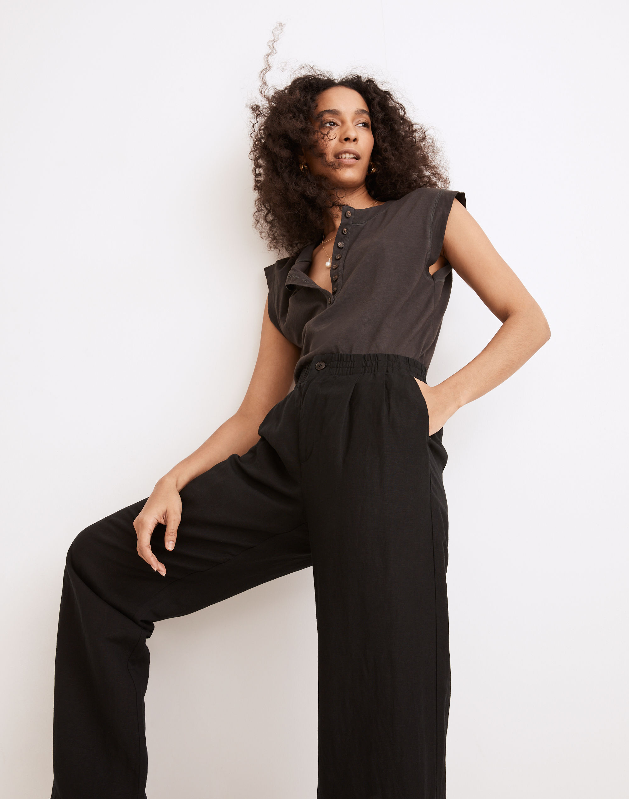 Linen-Blend Pull-On High-Rise Straight Pants