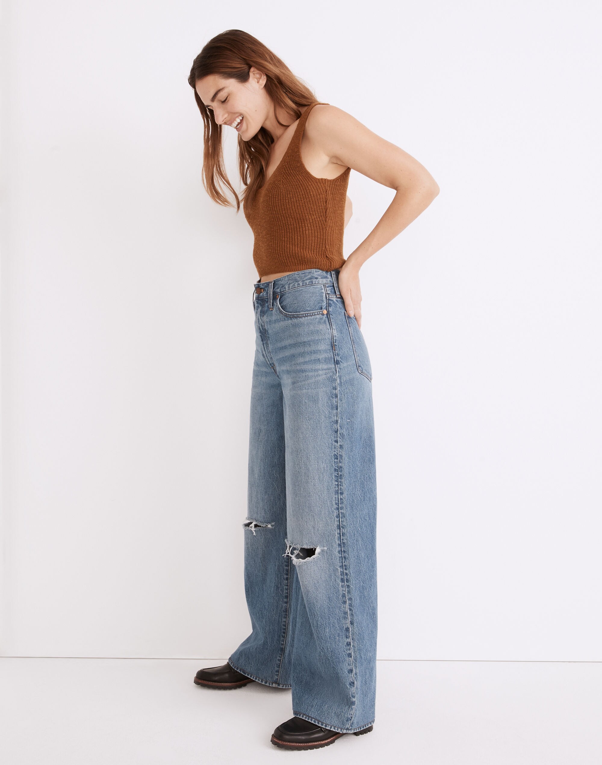 Superwide-Leg Jeans in Amcliffe Wash: Knee-Rip Edition