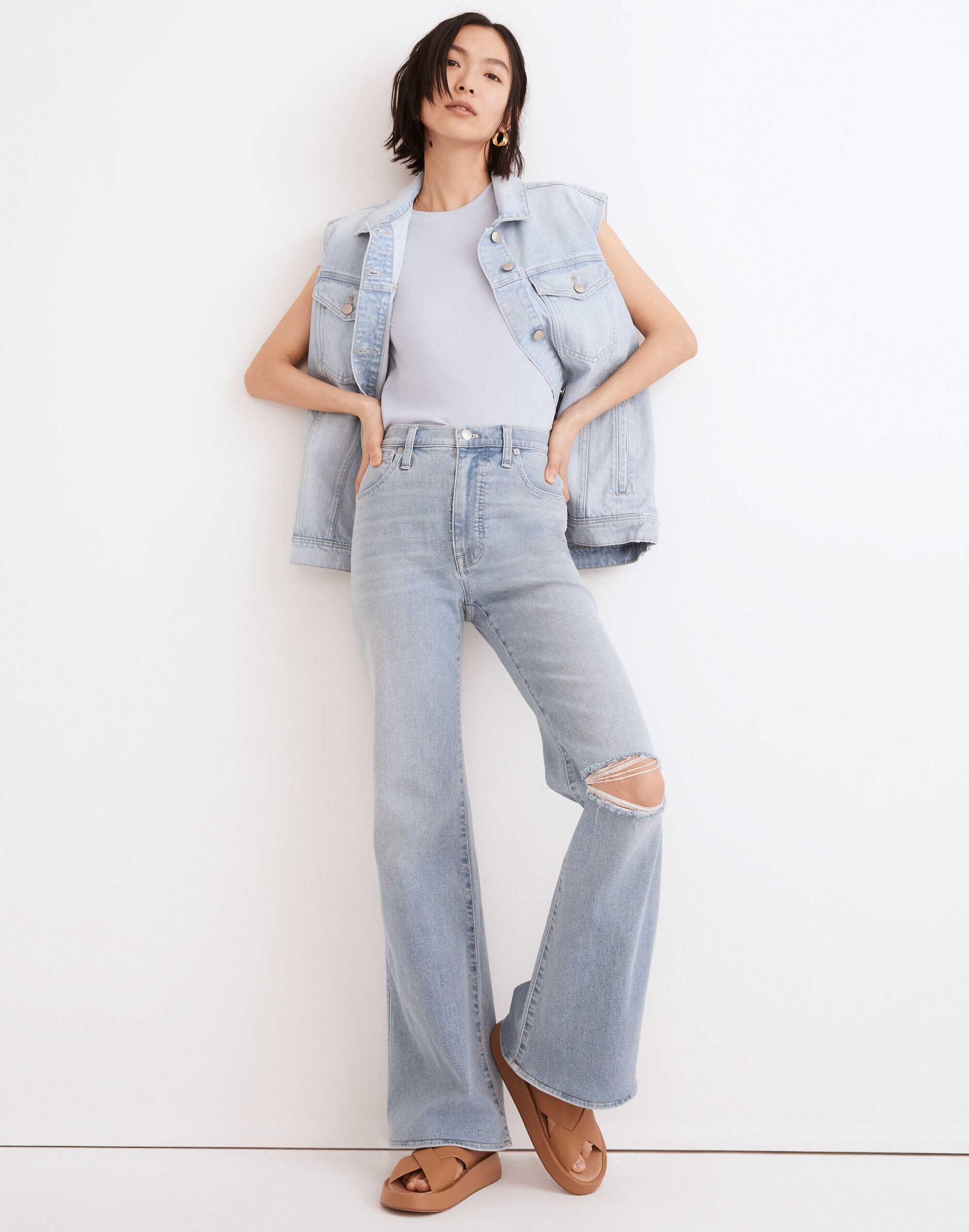 11" High-Rise Flare Jeans in Eversfield Wash: Knee-Rip Edition