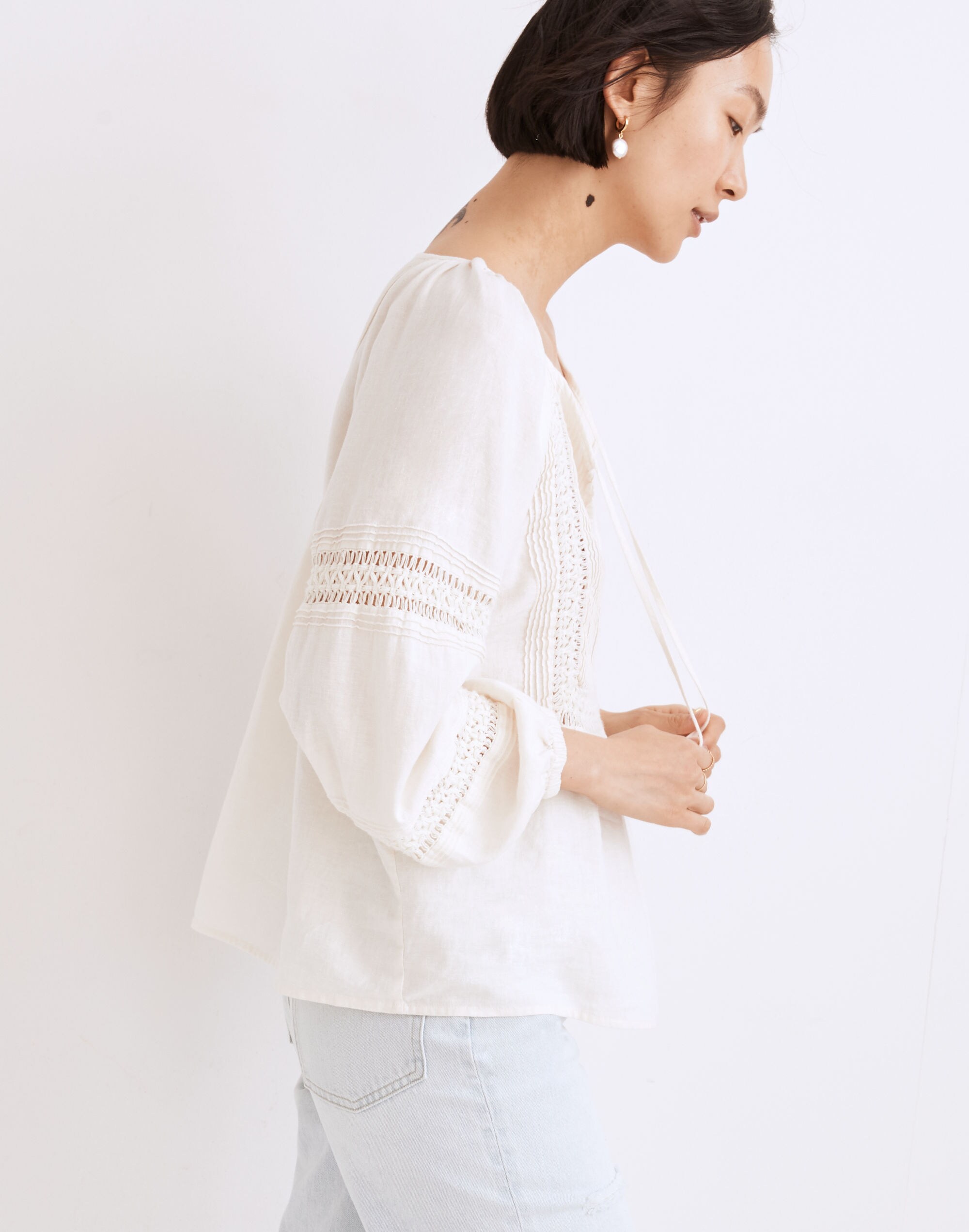 Linen-Blend Pintuck Peasant Top