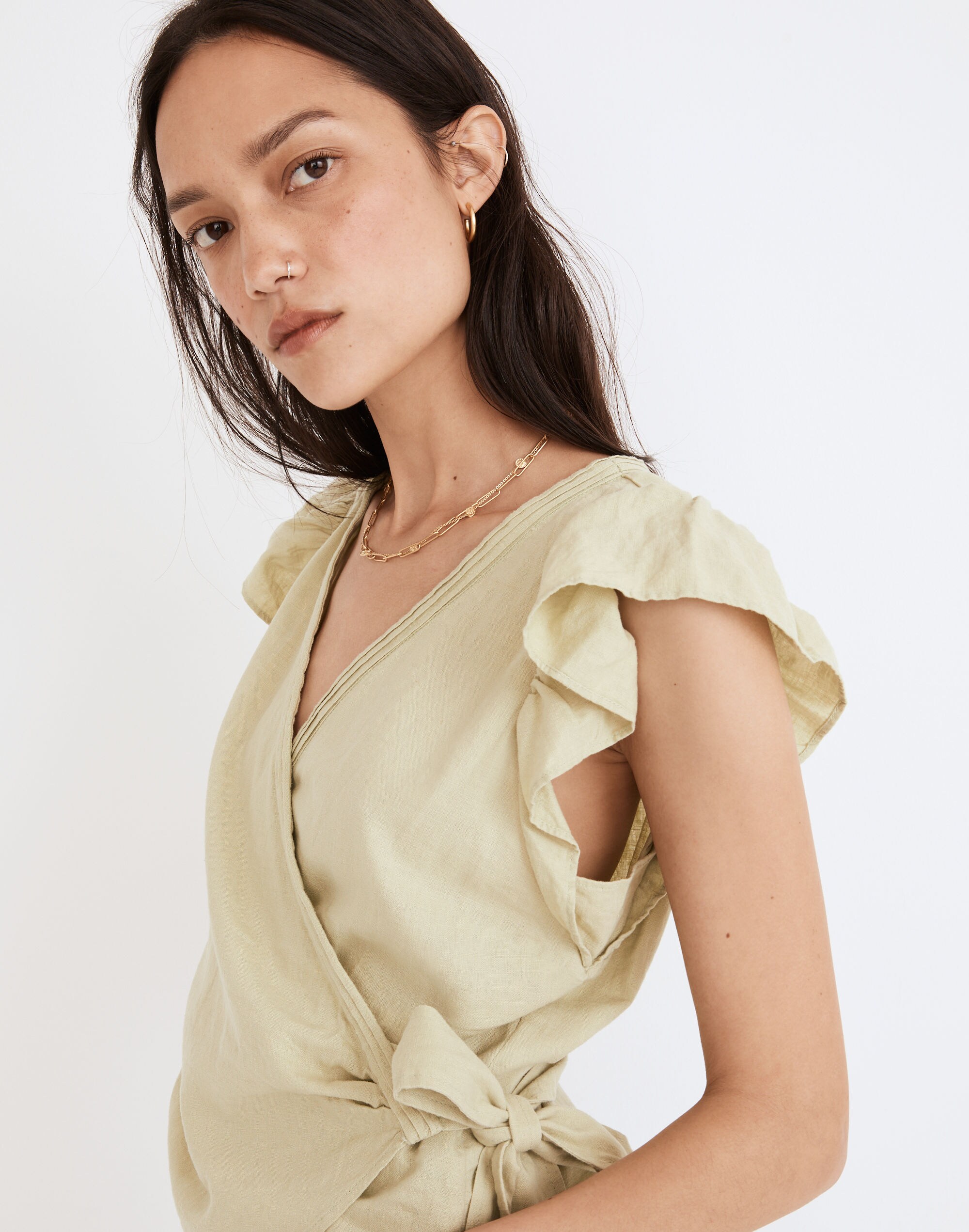 Linen-Blend Flutter-Sleeve Wrap Top