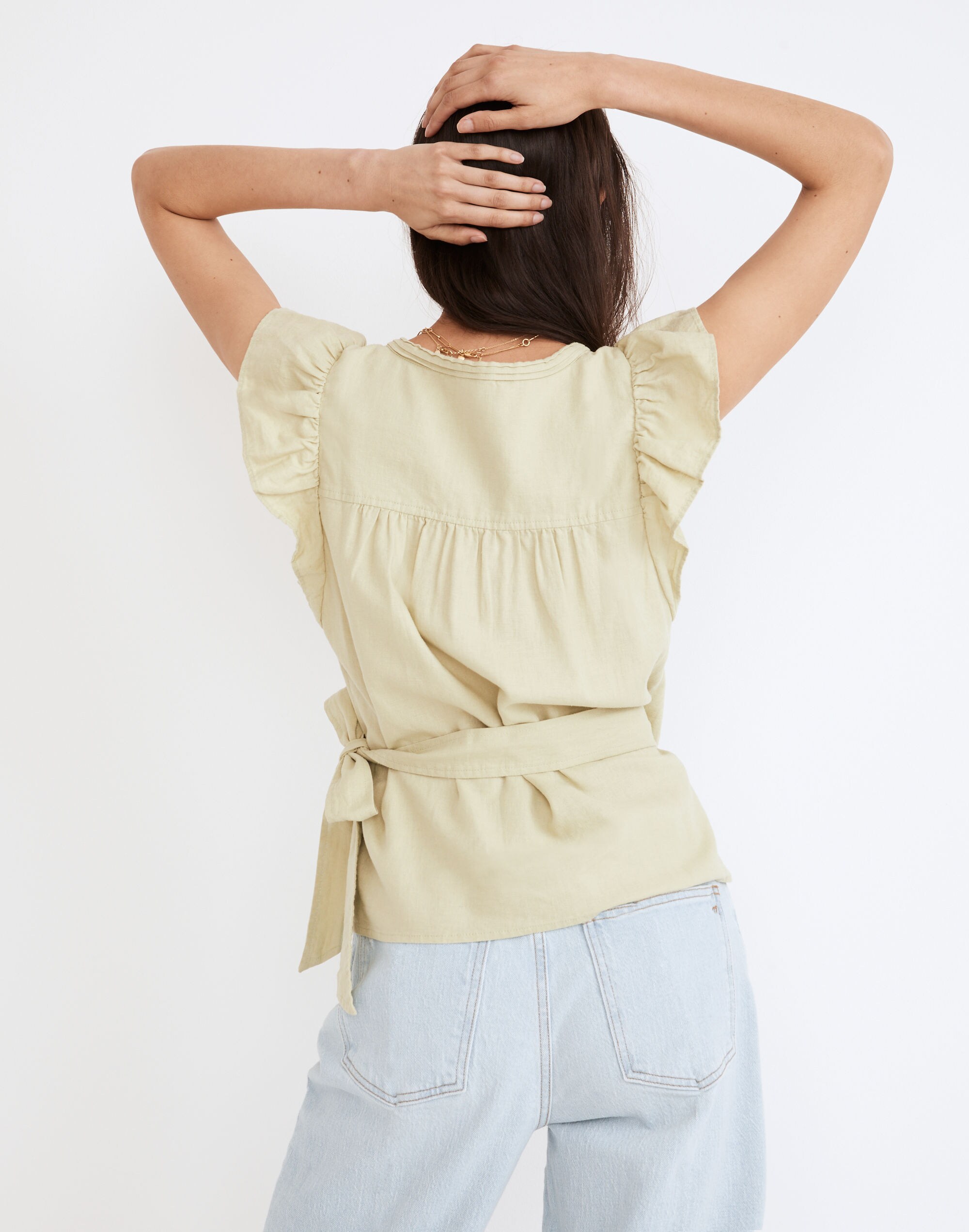 Linen-Blend Flutter-Sleeve Wrap Top