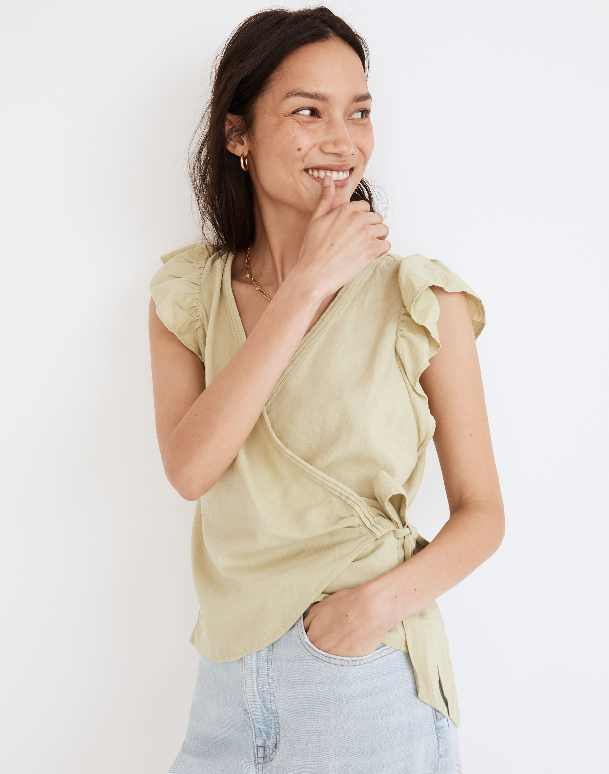 Linen-Blend Flutter-Sleeve Wrap Top