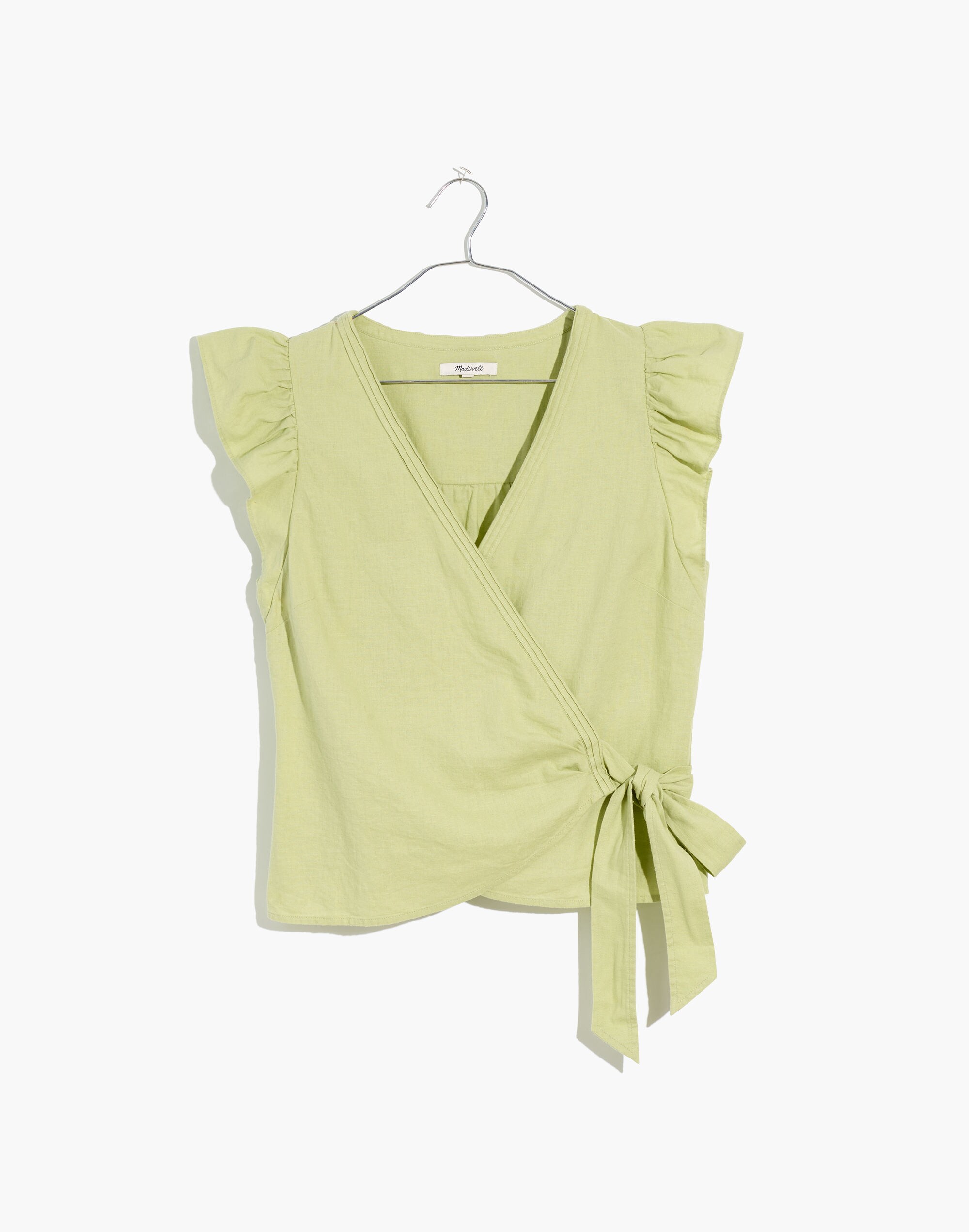 Linen-Blend Flutter-Sleeve Wrap Top