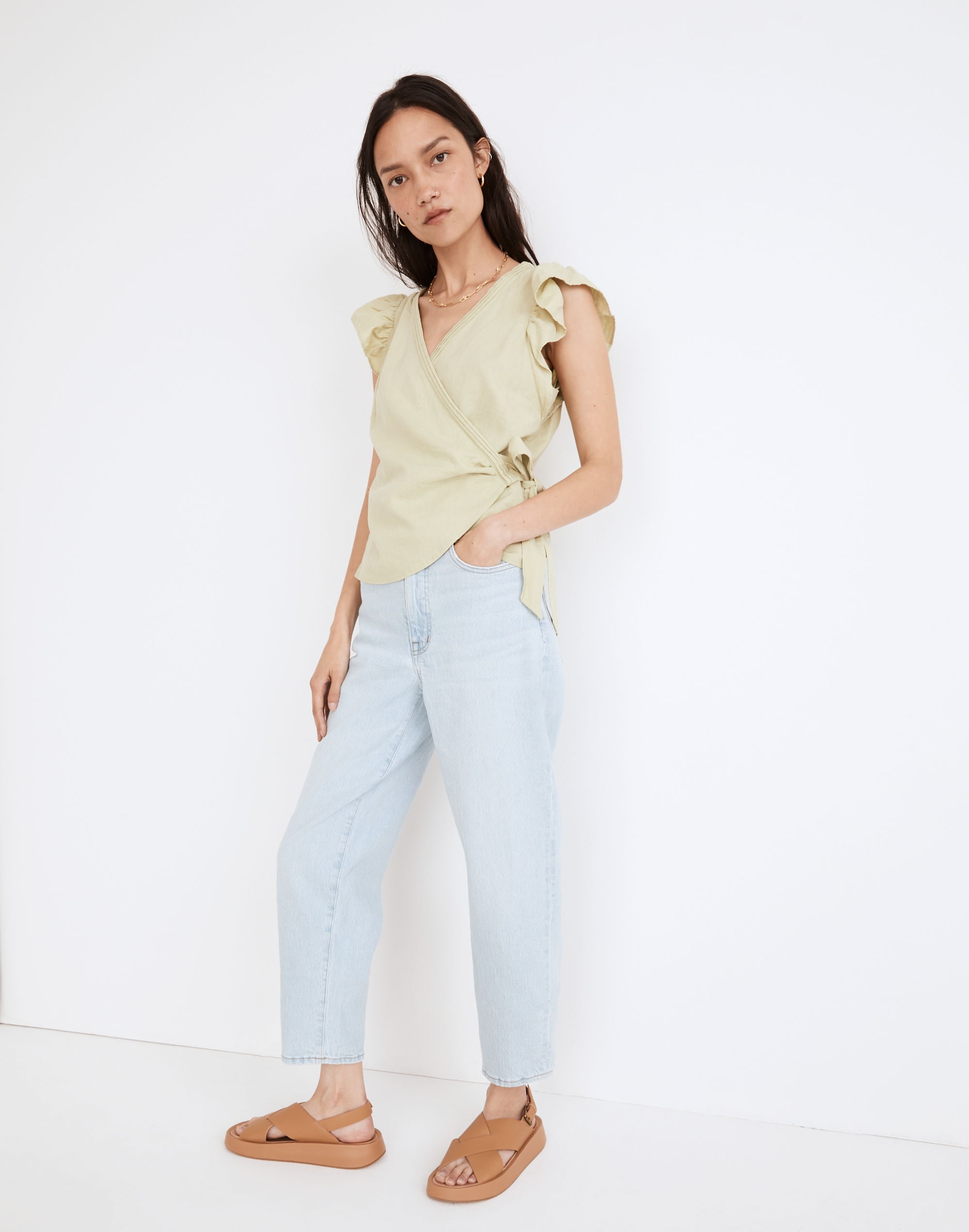Linen-Blend Flutter-Sleeve Wrap Top