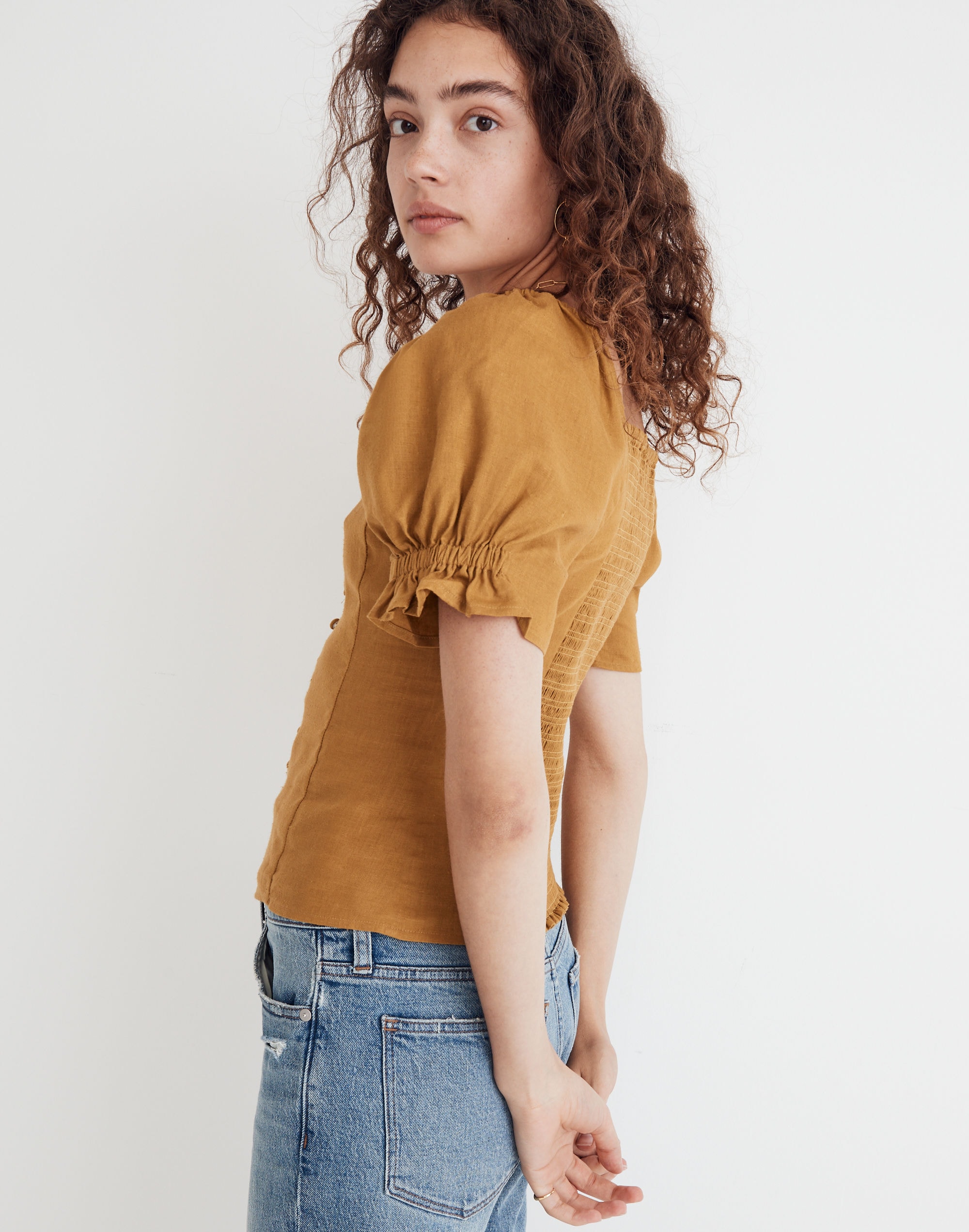 Button-Front Smocked-Back Top