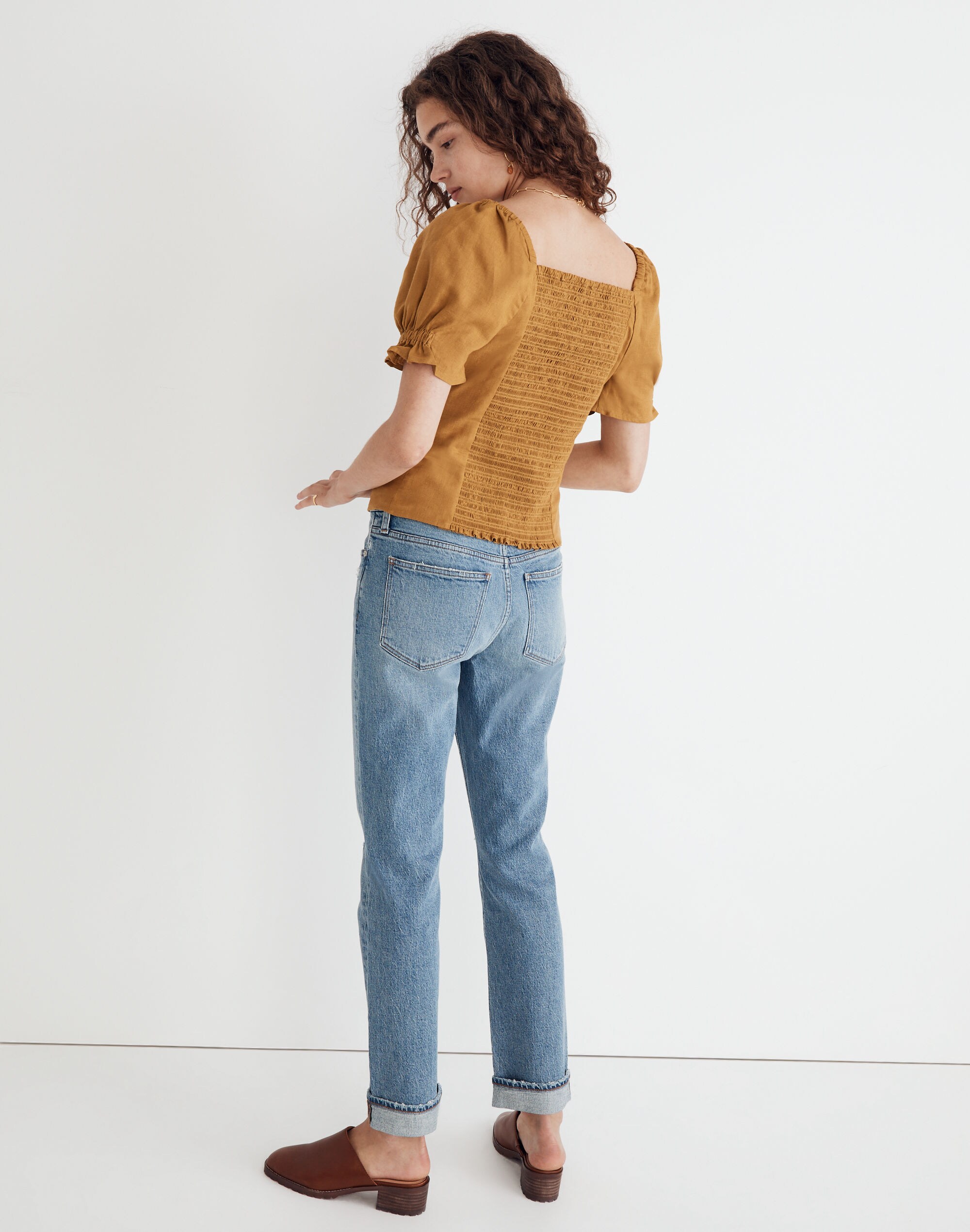 Button-Front Smocked-Back Top