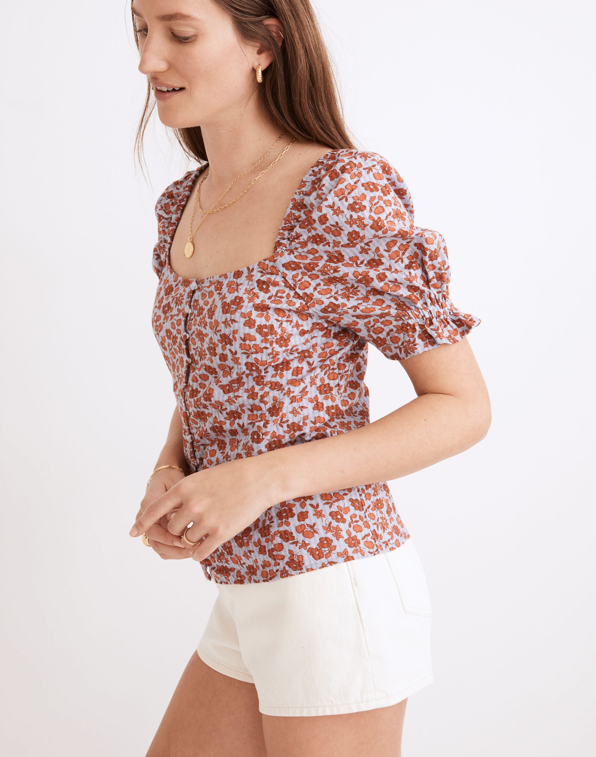 Button-Front Smocked-Back Top in Piccola Floral