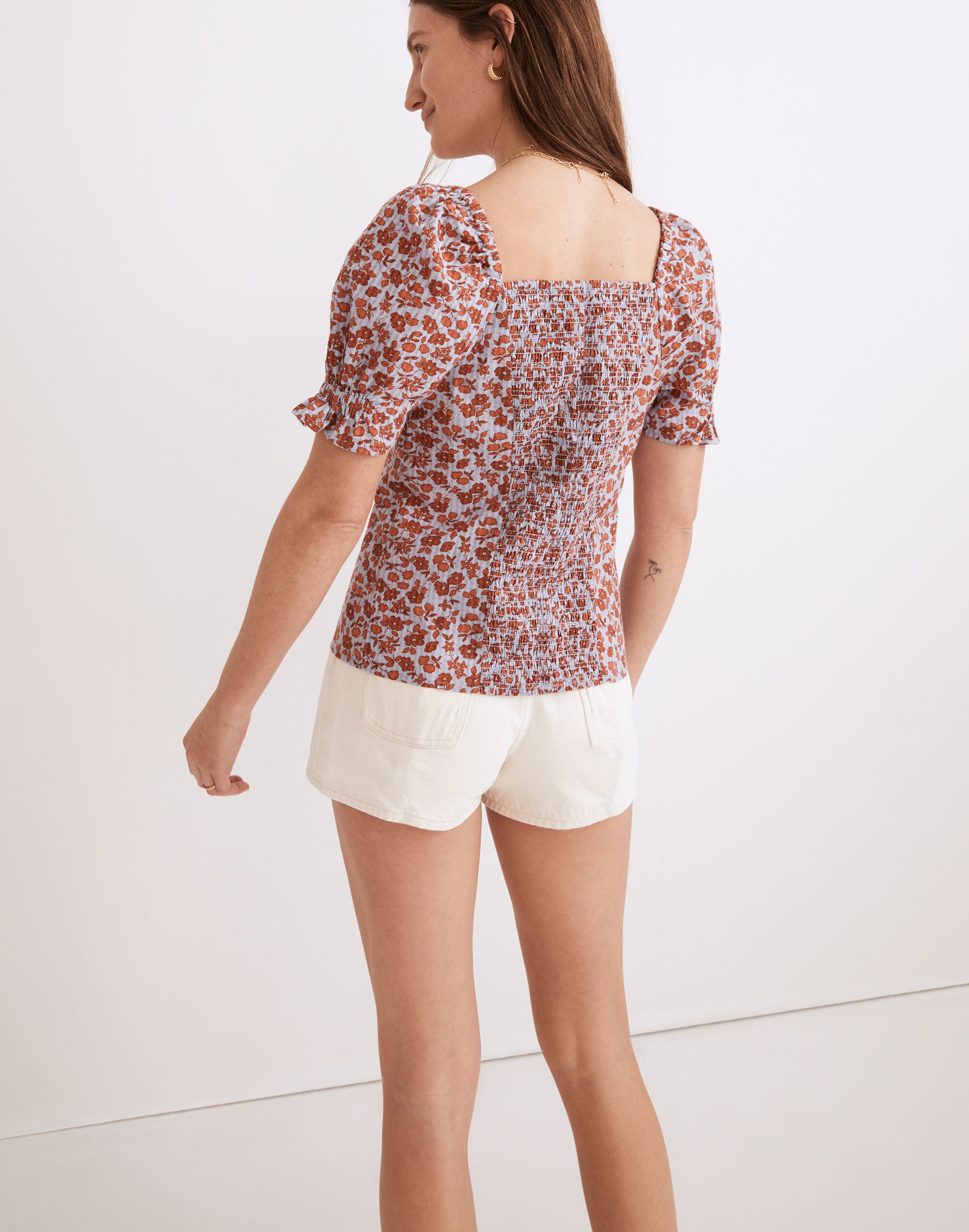 Button-Front Smocked-Back Top in Piccola Floral