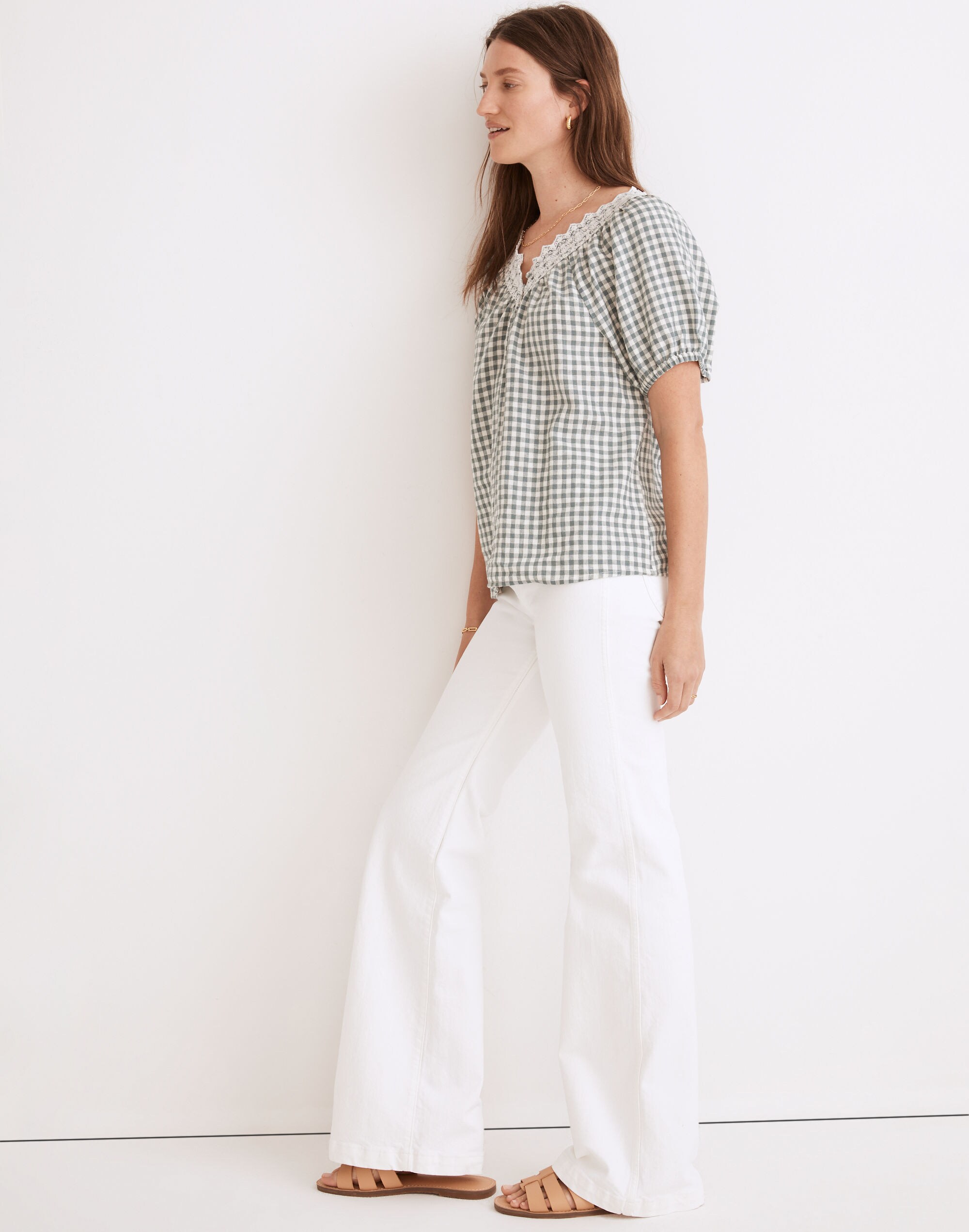 Embroidered Linen-Blend Swing Top in Gingham Check