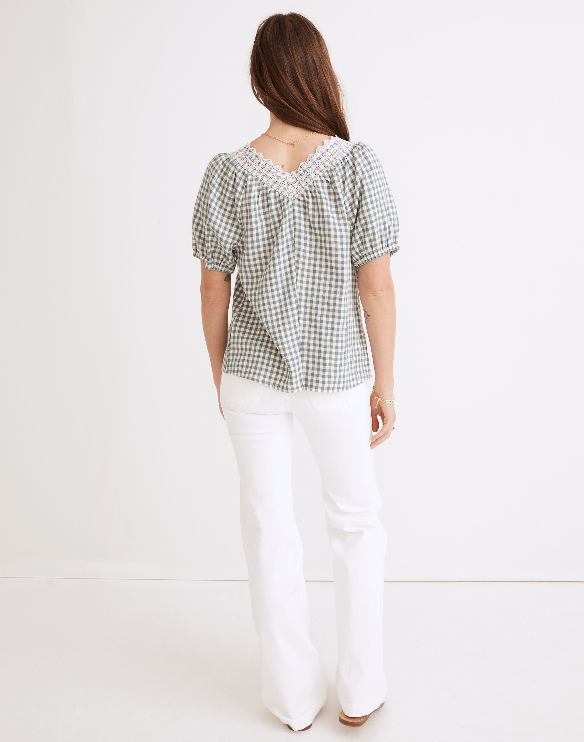 Embroidered Linen-Blend Swing Top in Gingham Check