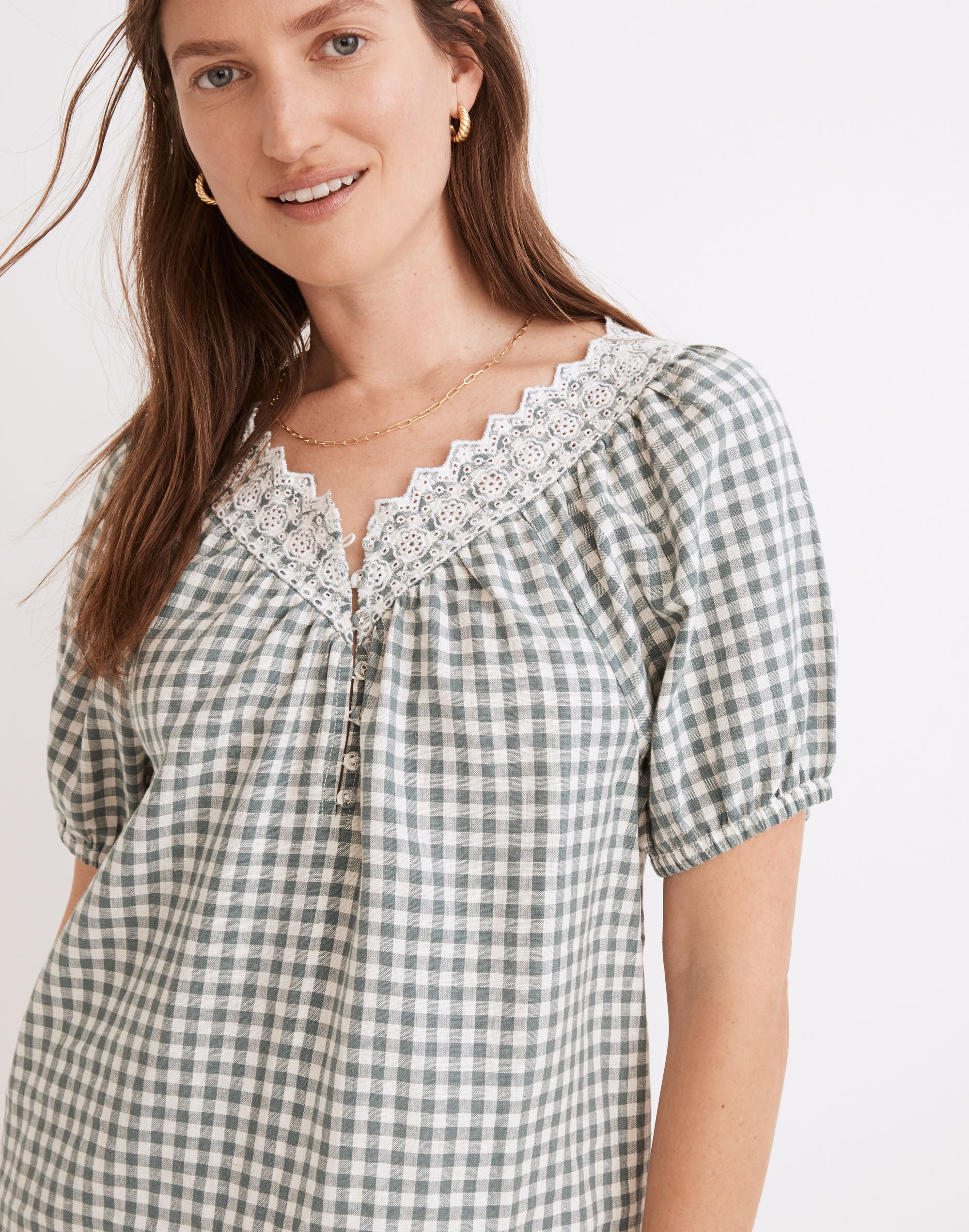 Embroidered Linen-Blend Swing Top in Gingham Check