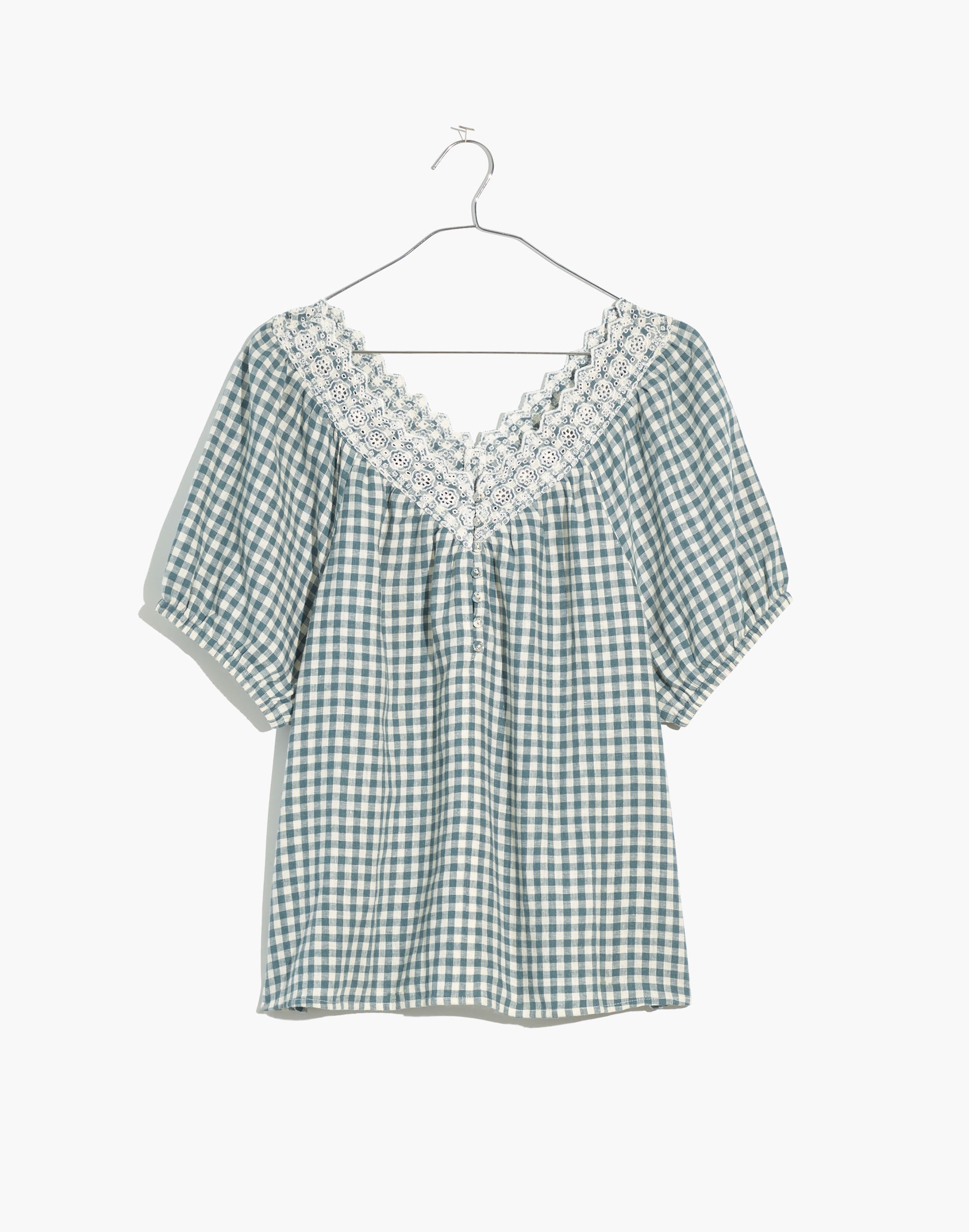 Embroidered Linen-Blend Swing Top in Gingham Check