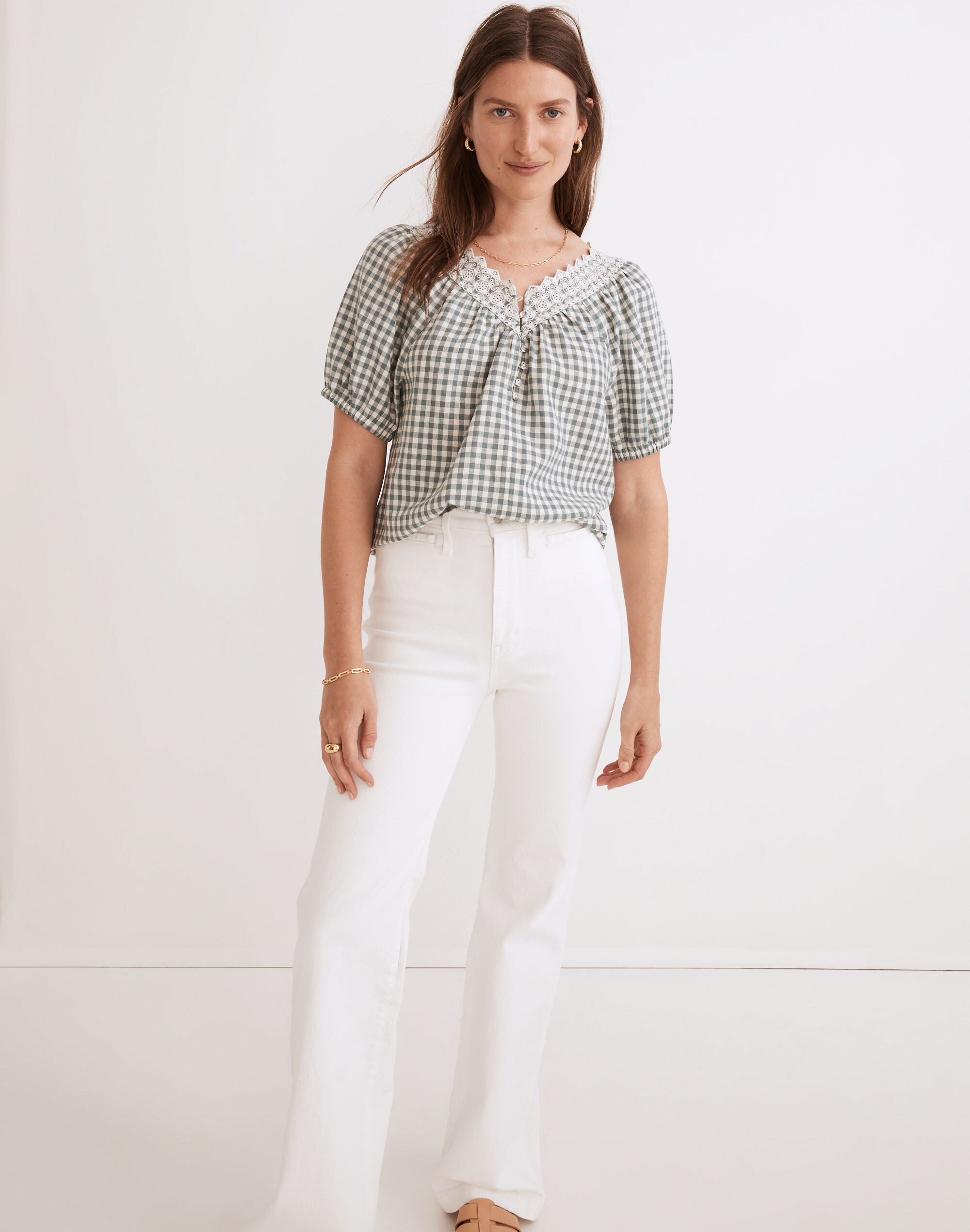 Embroidered Linen-Blend Swing Top in Gingham Check