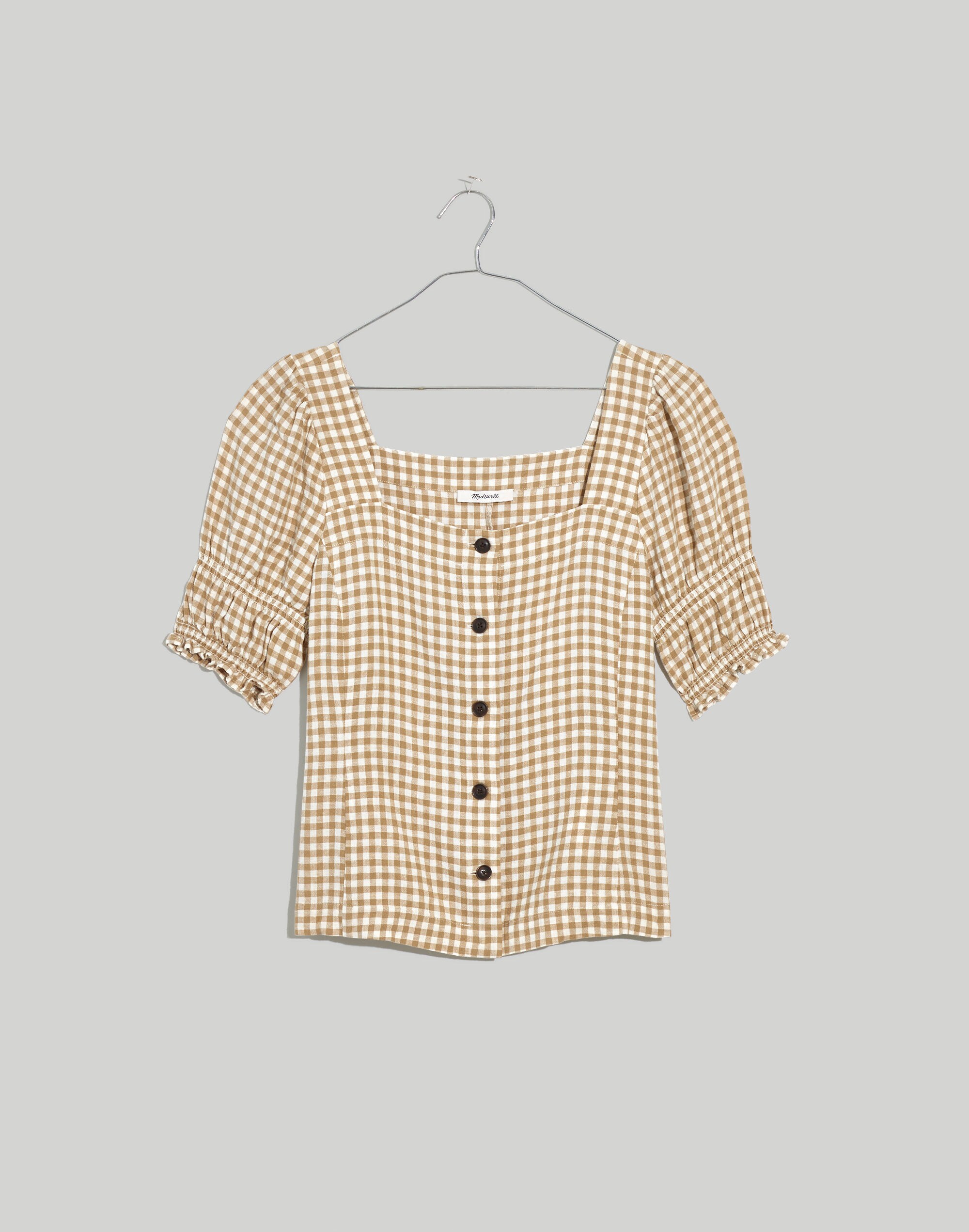Linen-Blend Square-Neck Puff-Sleeve Top in Gingham Check