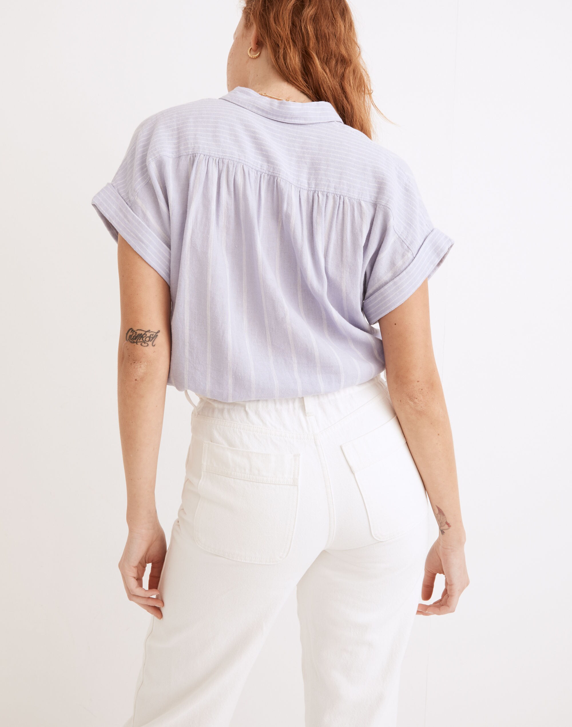 Linen-Blend Button-Up Drawstring Shirt in Stripe-Play