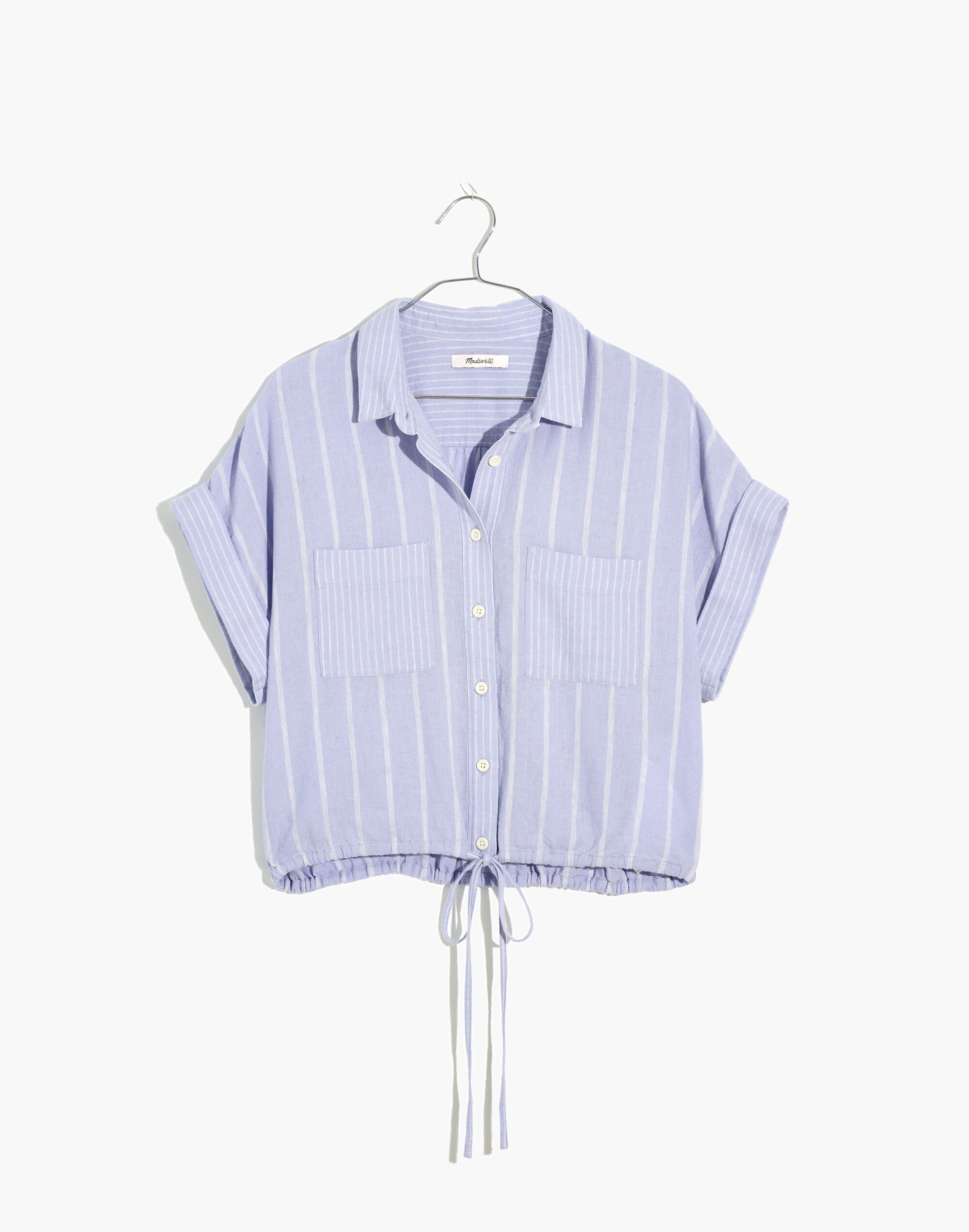 Linen-Blend Button-Up Drawstring Shirt in Stripe-Play