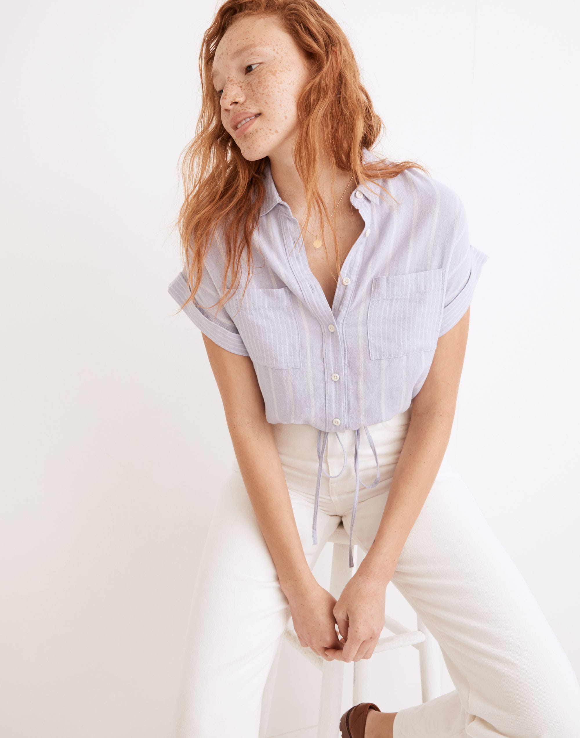 Linen-Blend Button-Up Drawstring Shirt in Stripe-Play