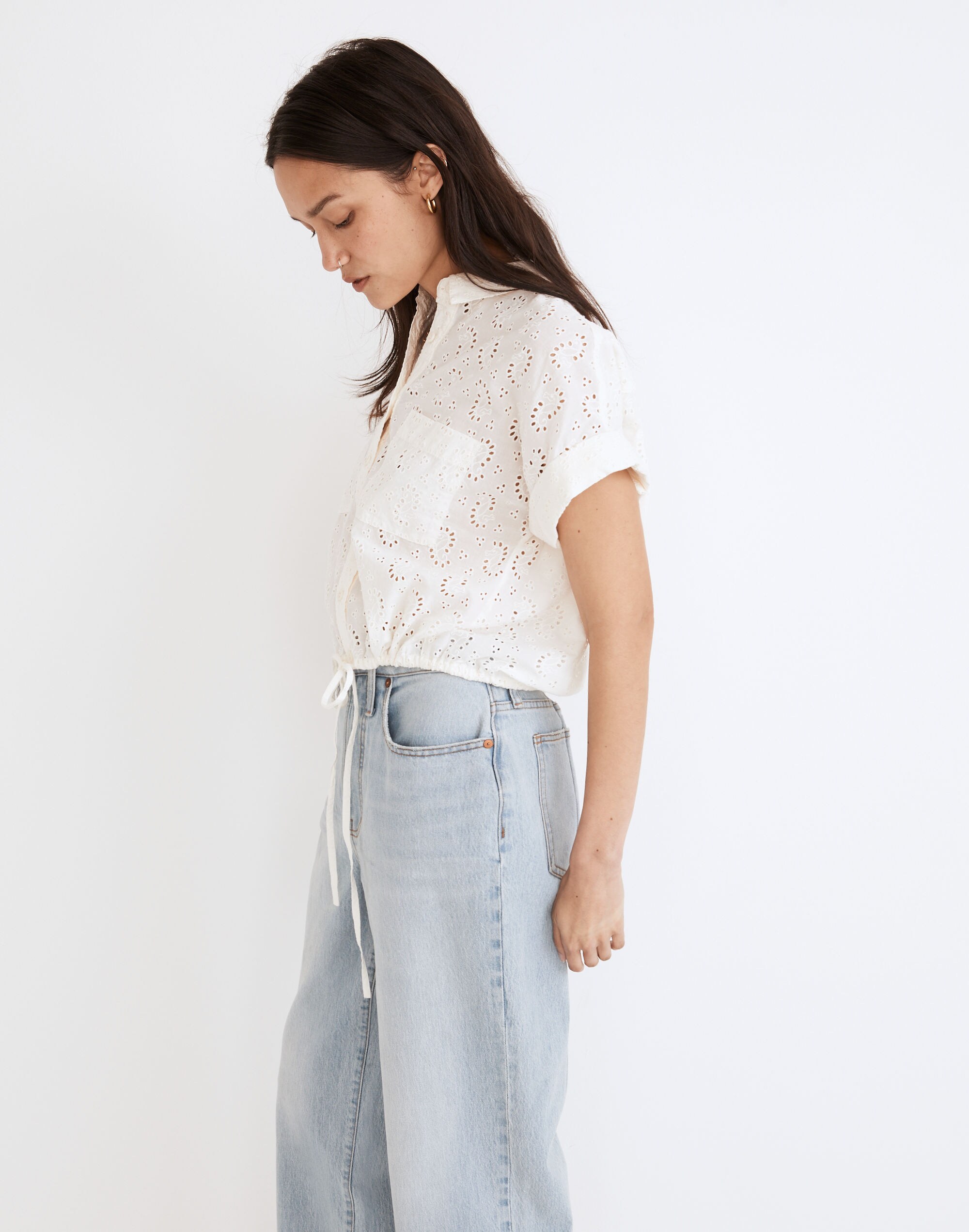 Eyelet Button-Up Drawstring Shirt