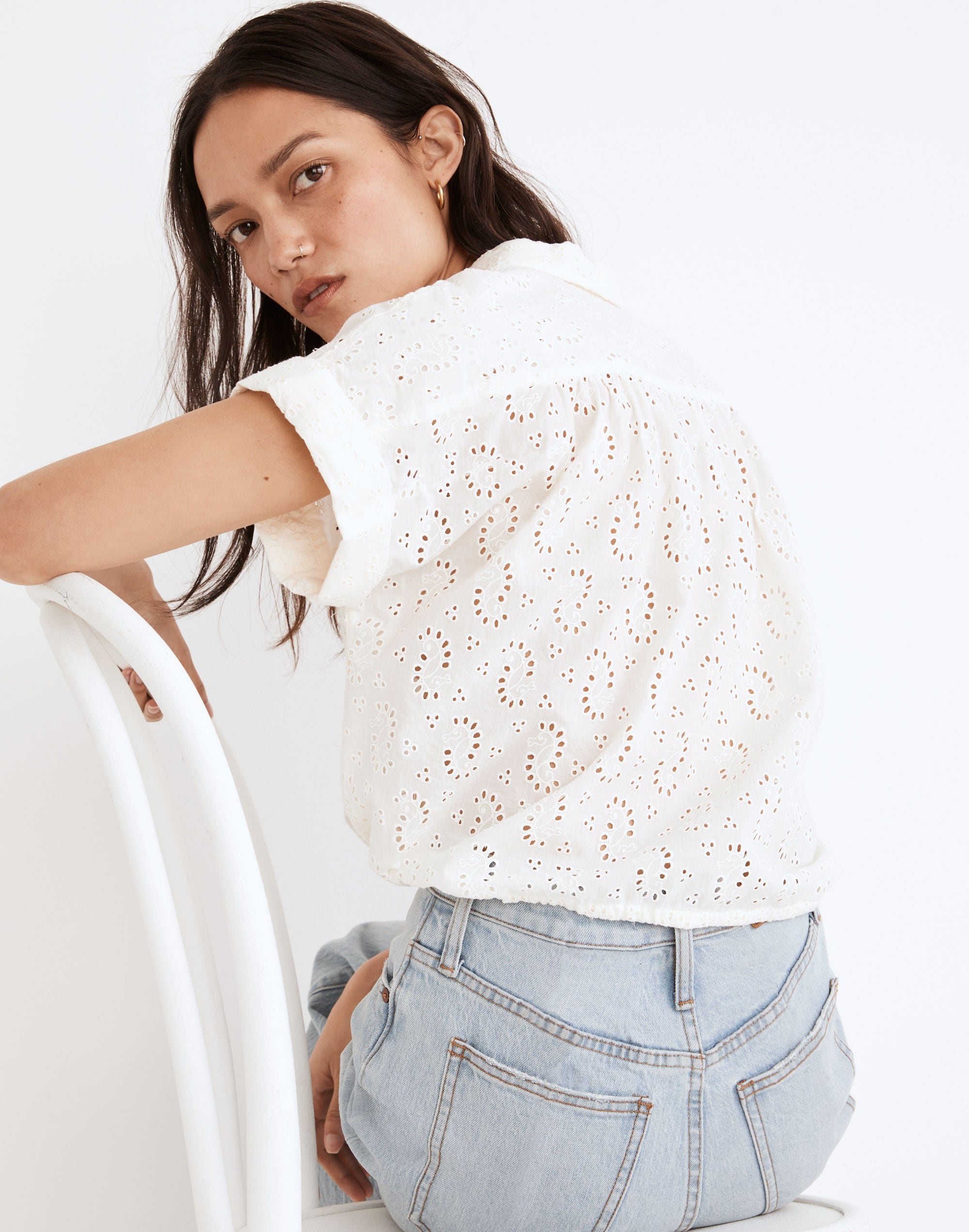 Eyelet Button-Up Drawstring Shirt