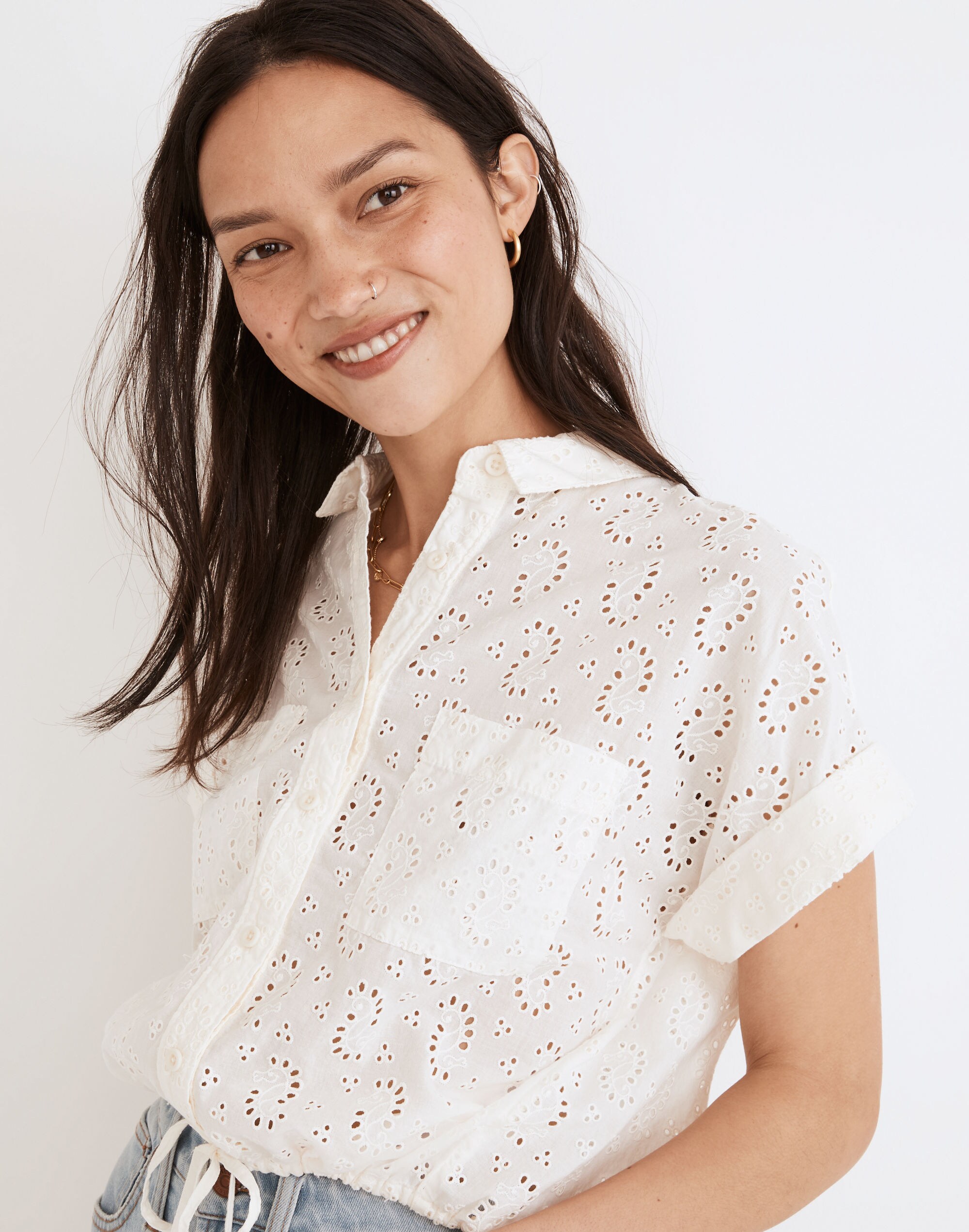 Eyelet Button-Up Drawstring Shirt