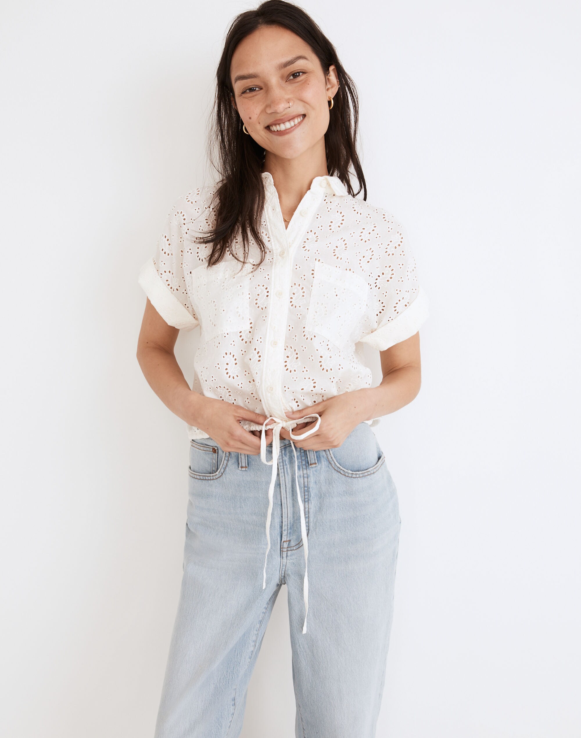 Eyelet Button-Up Drawstring Shirt