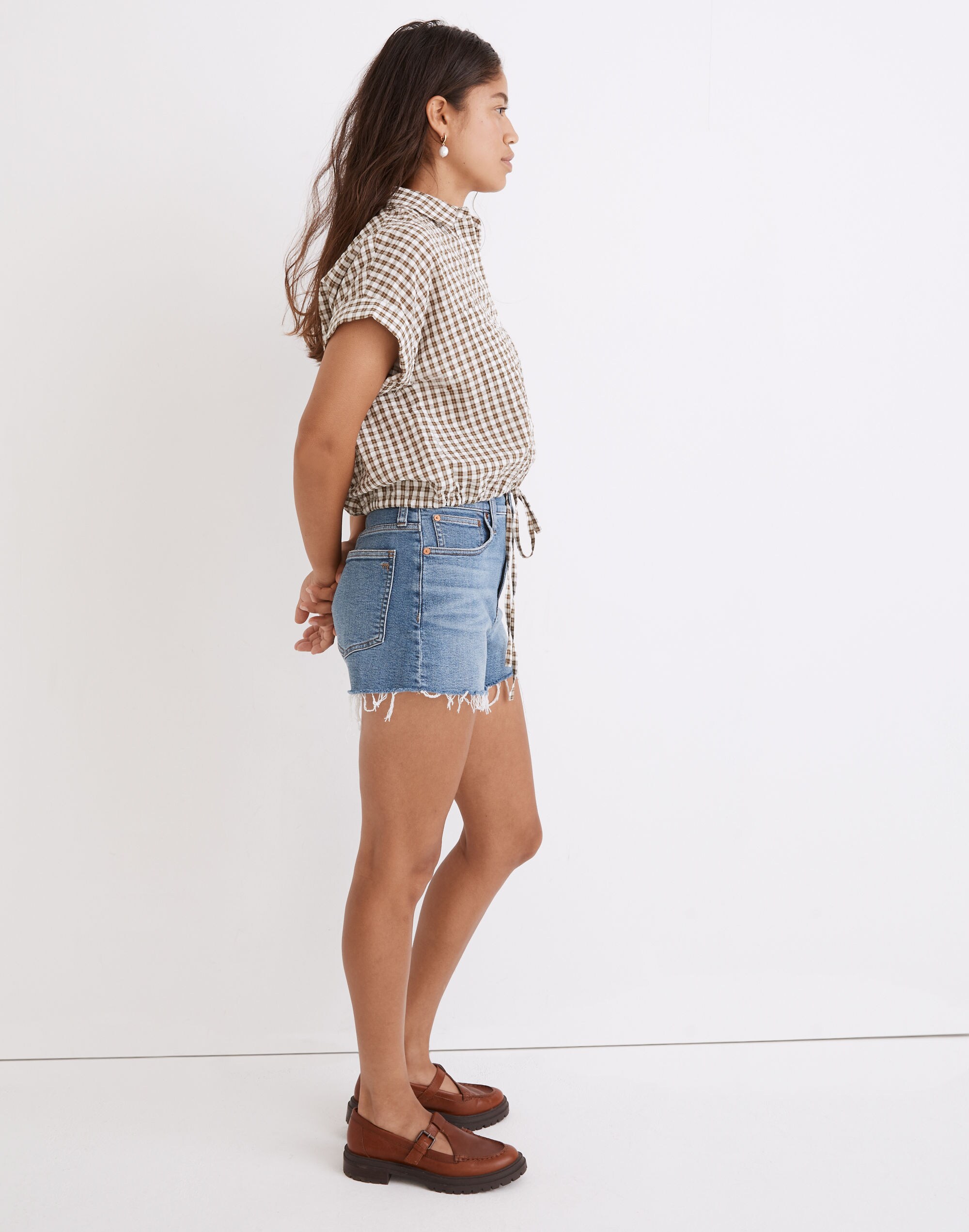 Seersucker Button-Up Drawstring Shirt in Plaid