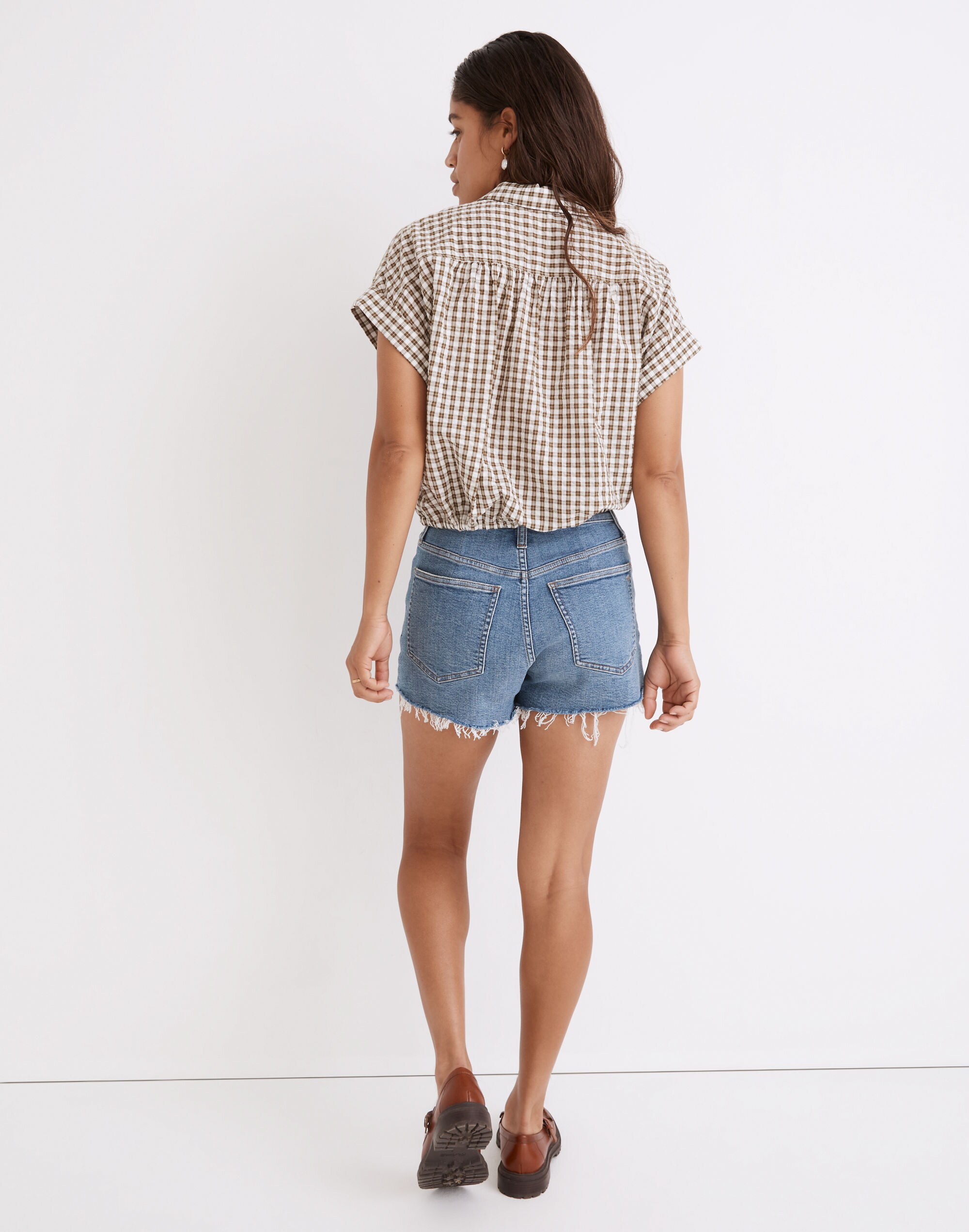Seersucker Button-Up Drawstring Shirt in Plaid