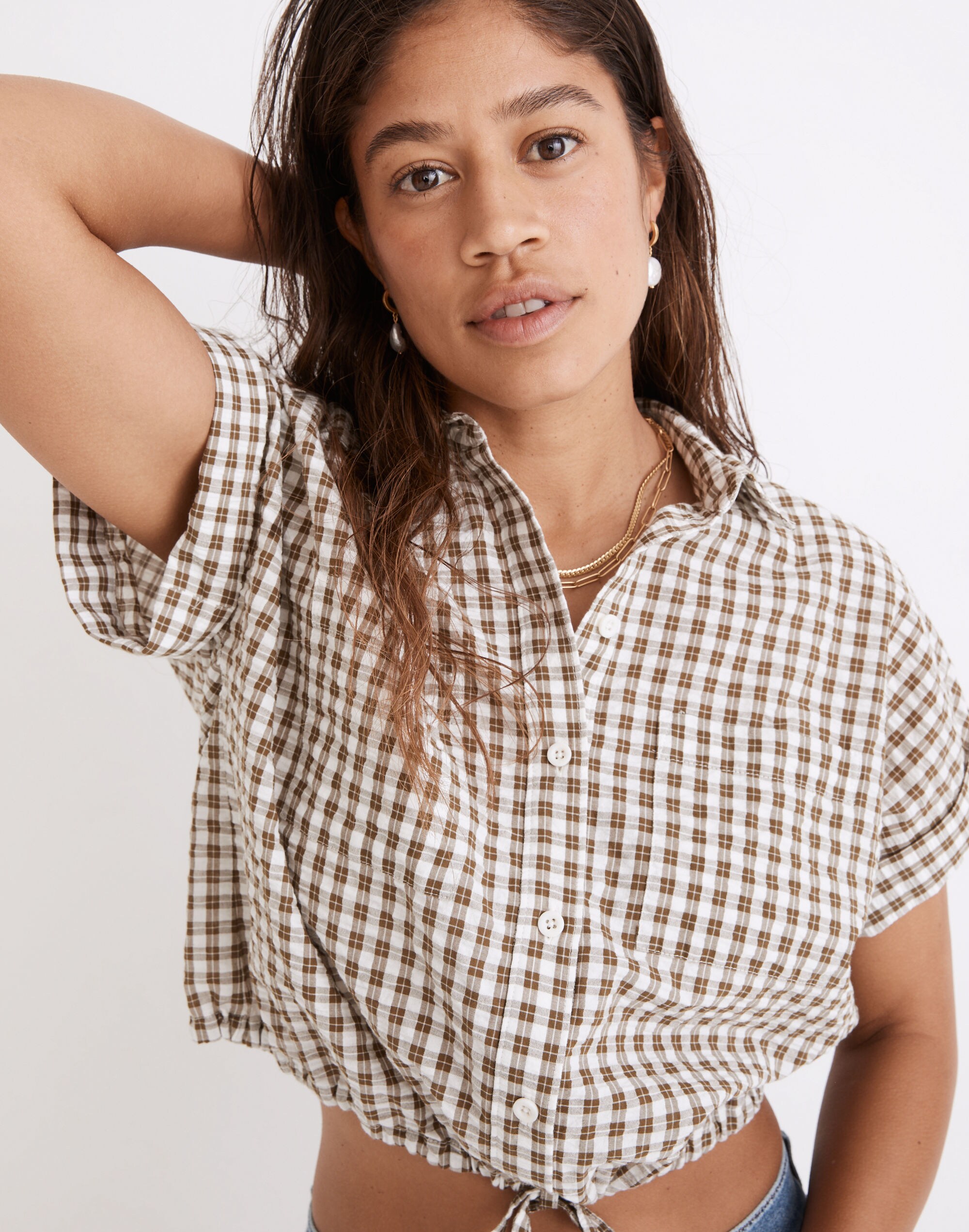 Seersucker Button-Up Drawstring Shirt in Plaid