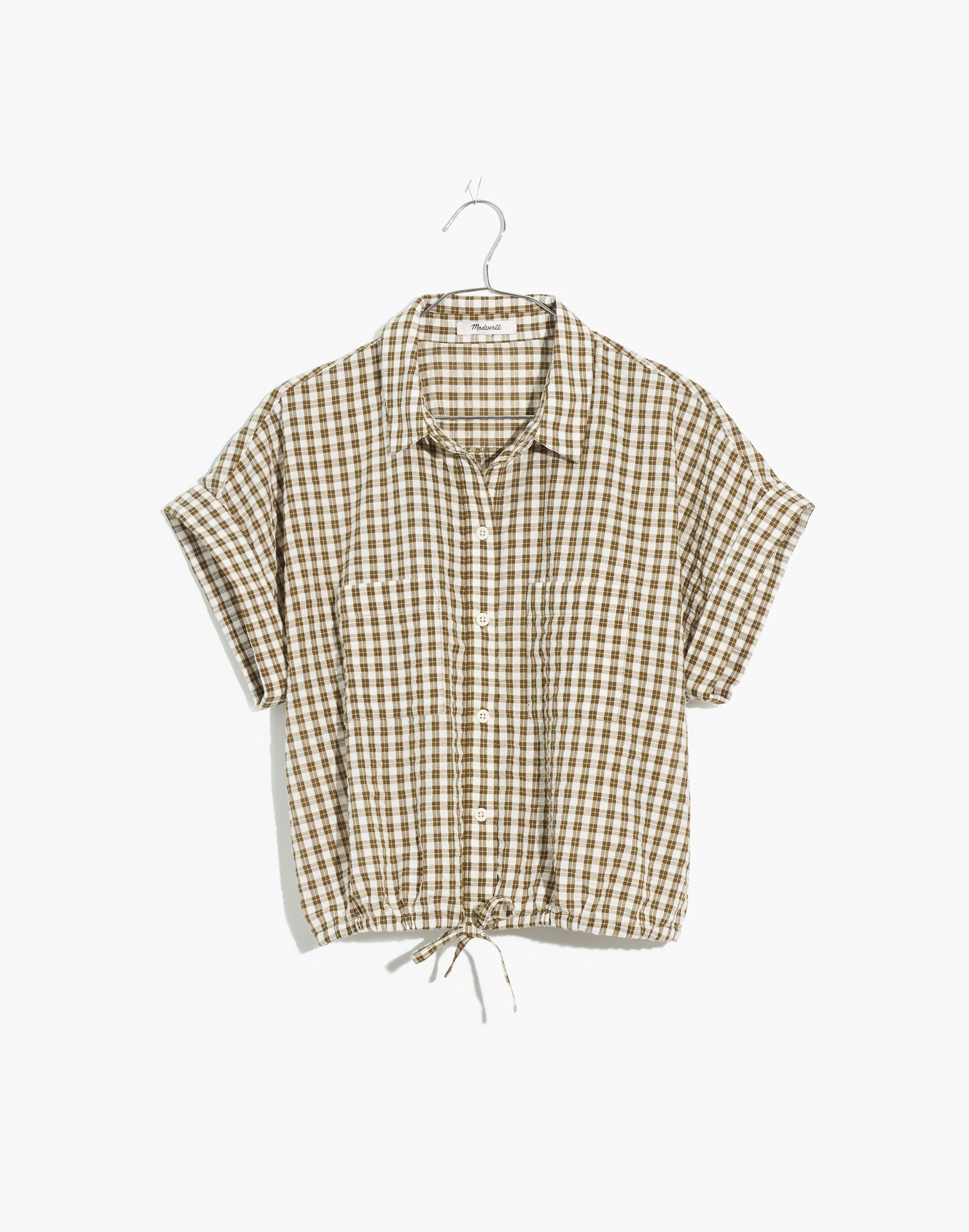 Seersucker Button-Up Drawstring Shirt in Plaid