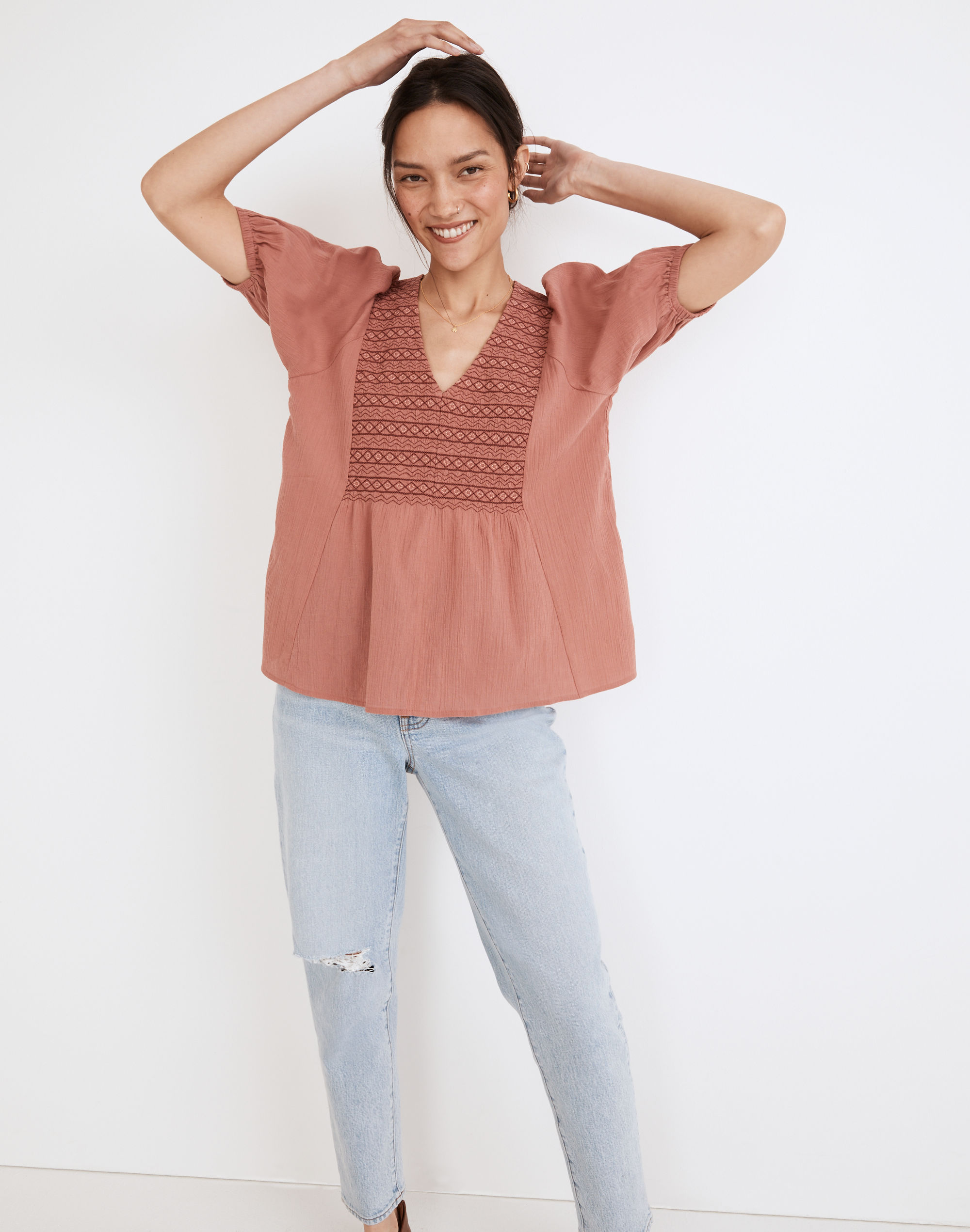 embroidered-yoke top