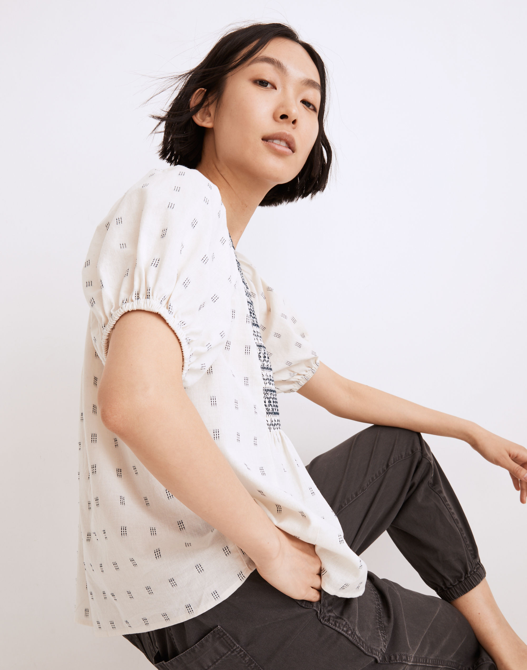 Embroidered-Yoke Top in Clipdot