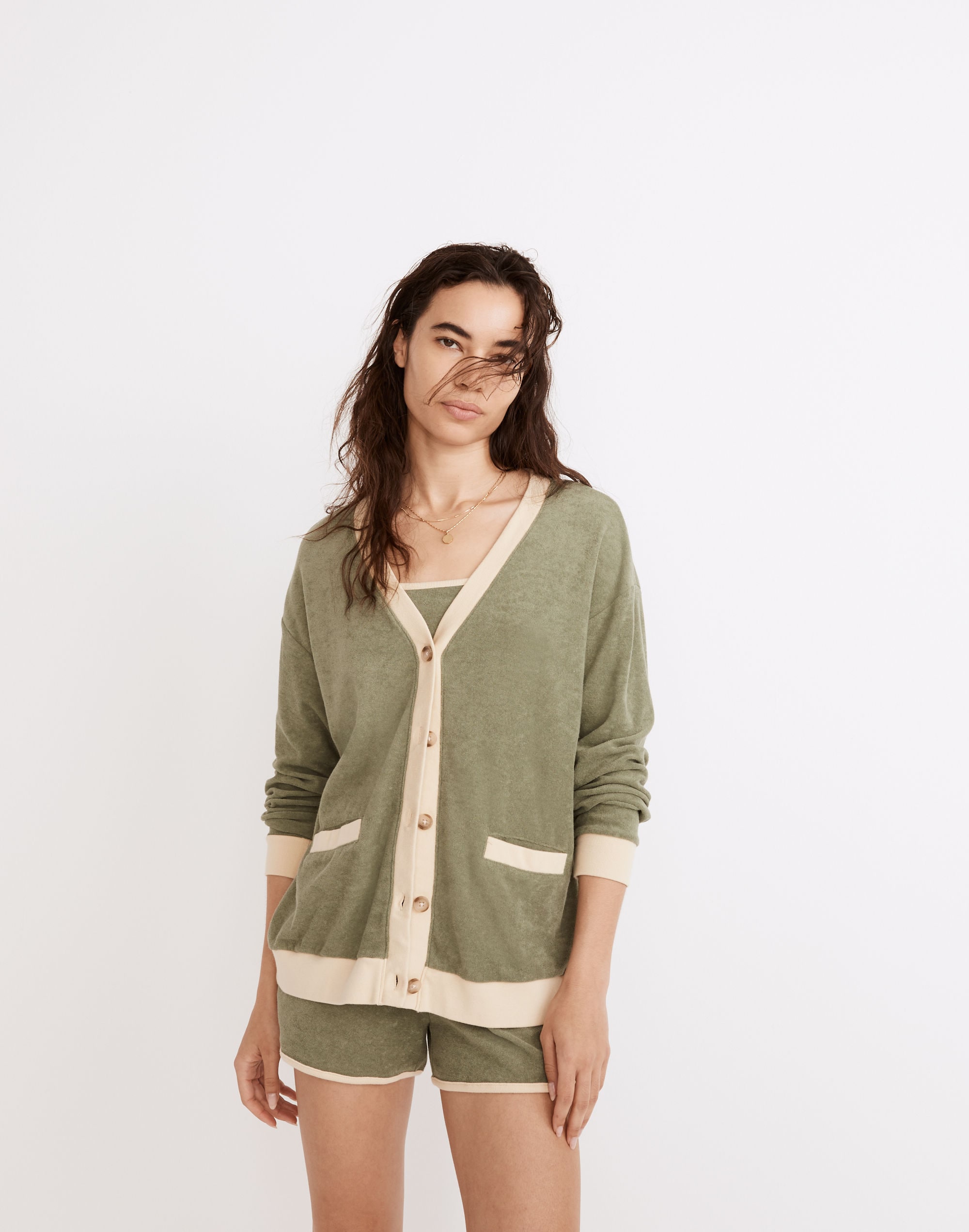 mwl towel terry cardigan in colorblock