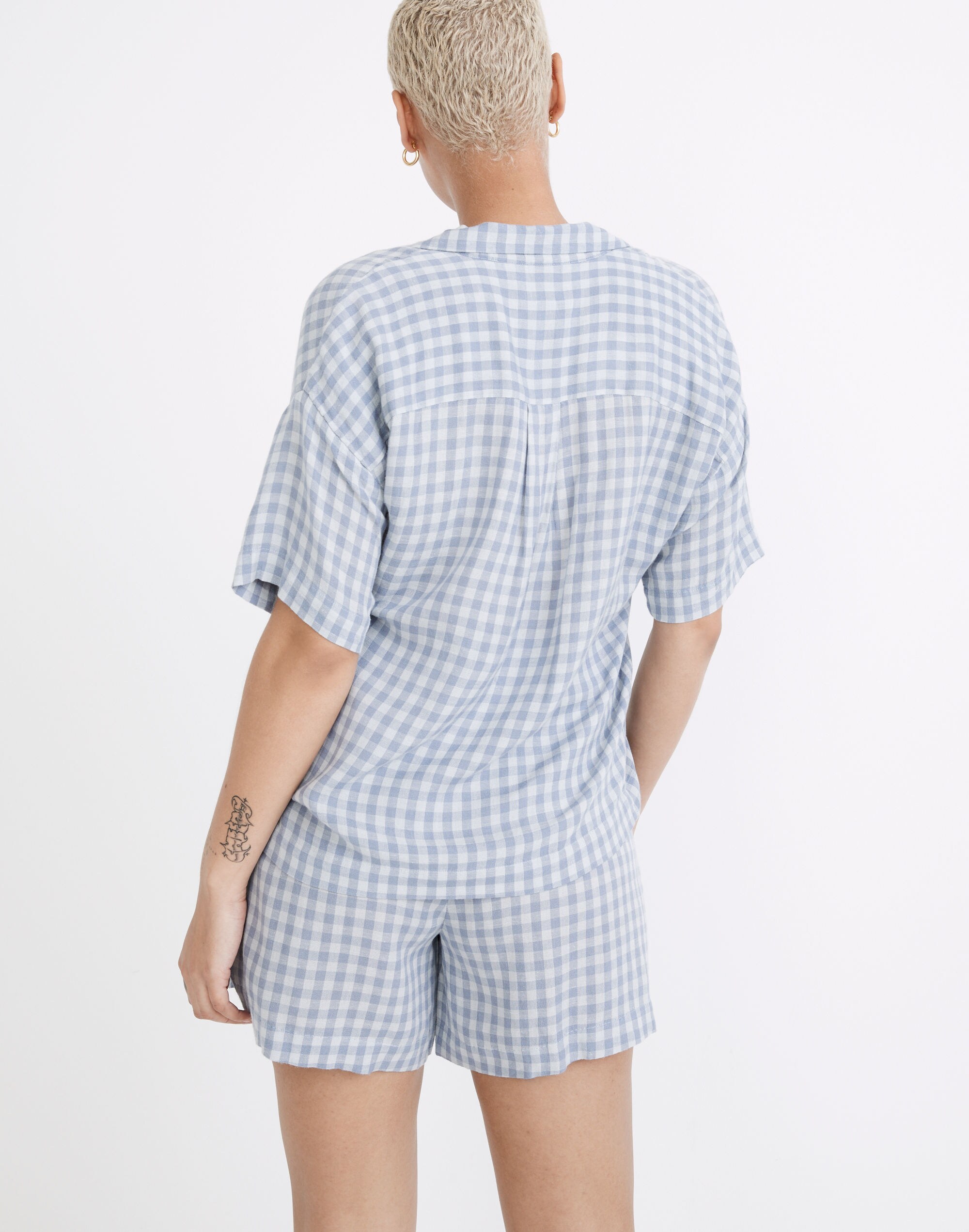 Linen-Blend Oversized Short Pajama Set in Gingham Check
