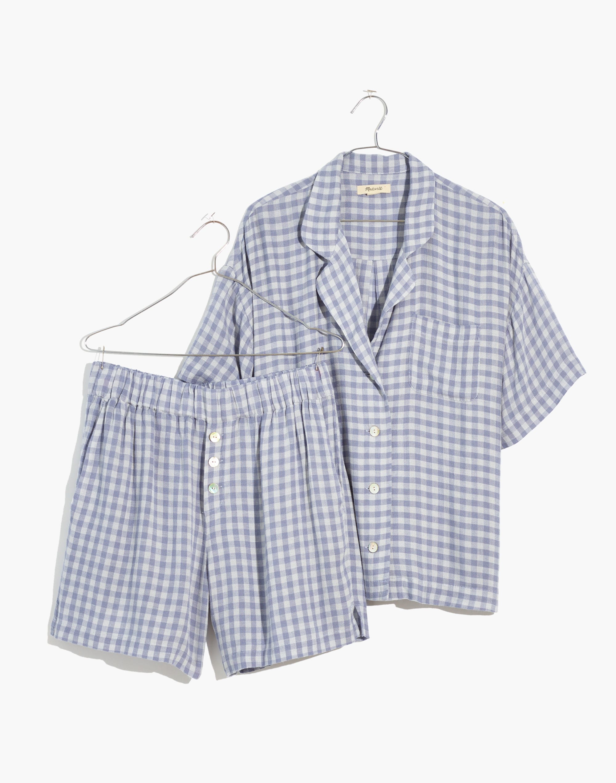 Linen-Blend Oversized Short Pajama Set in Gingham Check