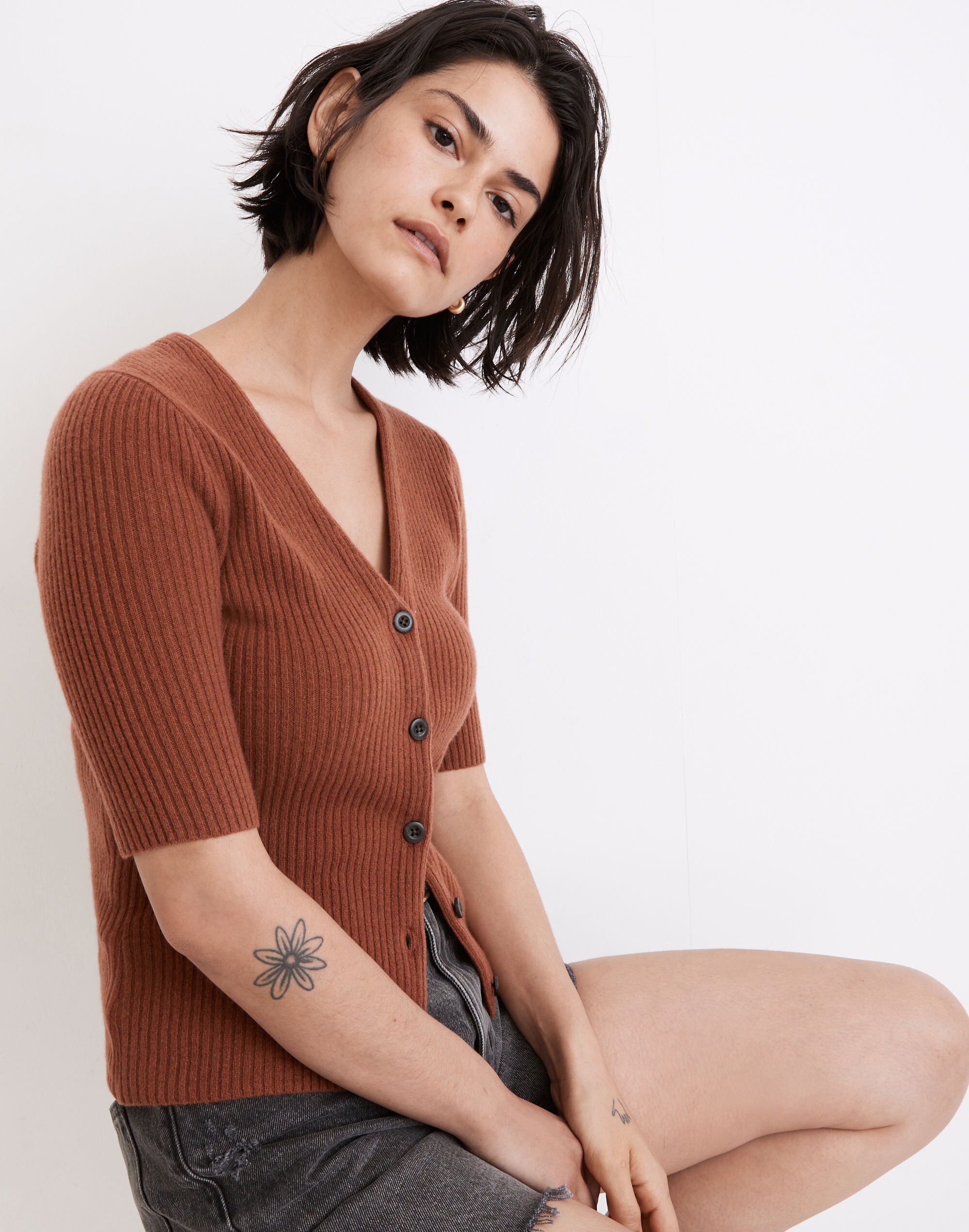 (Re)sourced Cashmere Short-Sleeve Cardigan Sweater