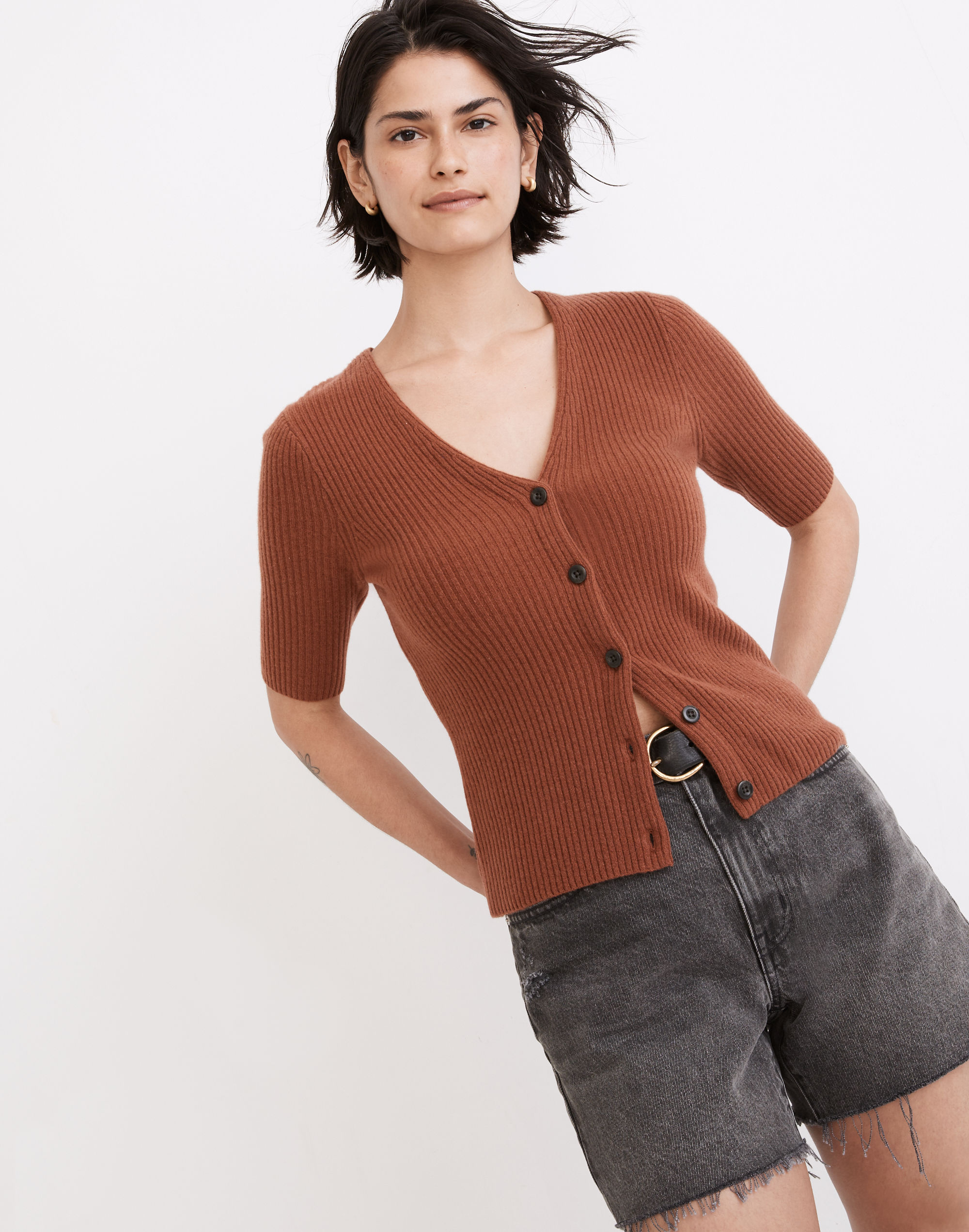 (Re)sourced Cashmere Short-Sleeve Cardigan Sweater