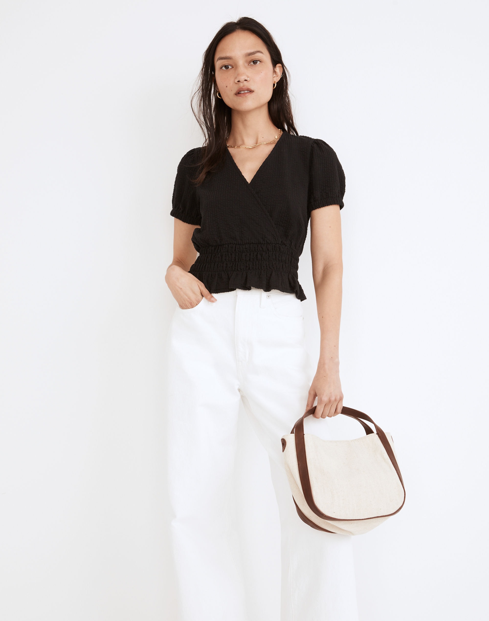 Knit Seersucker Smock-Waist Crop Top