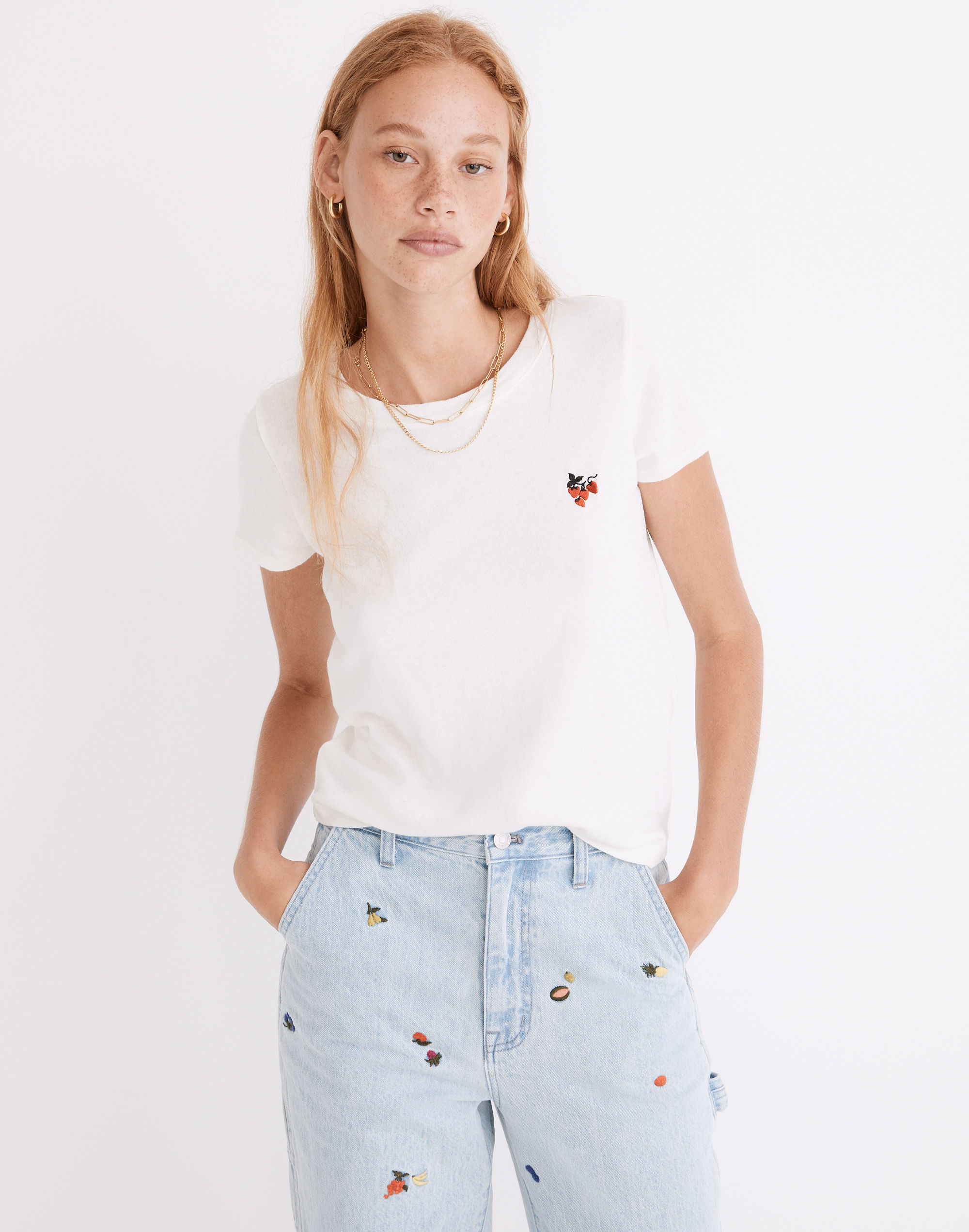 Strawberry Embroidered (Re)sourced Cotton Shrunken Shirttail Tee