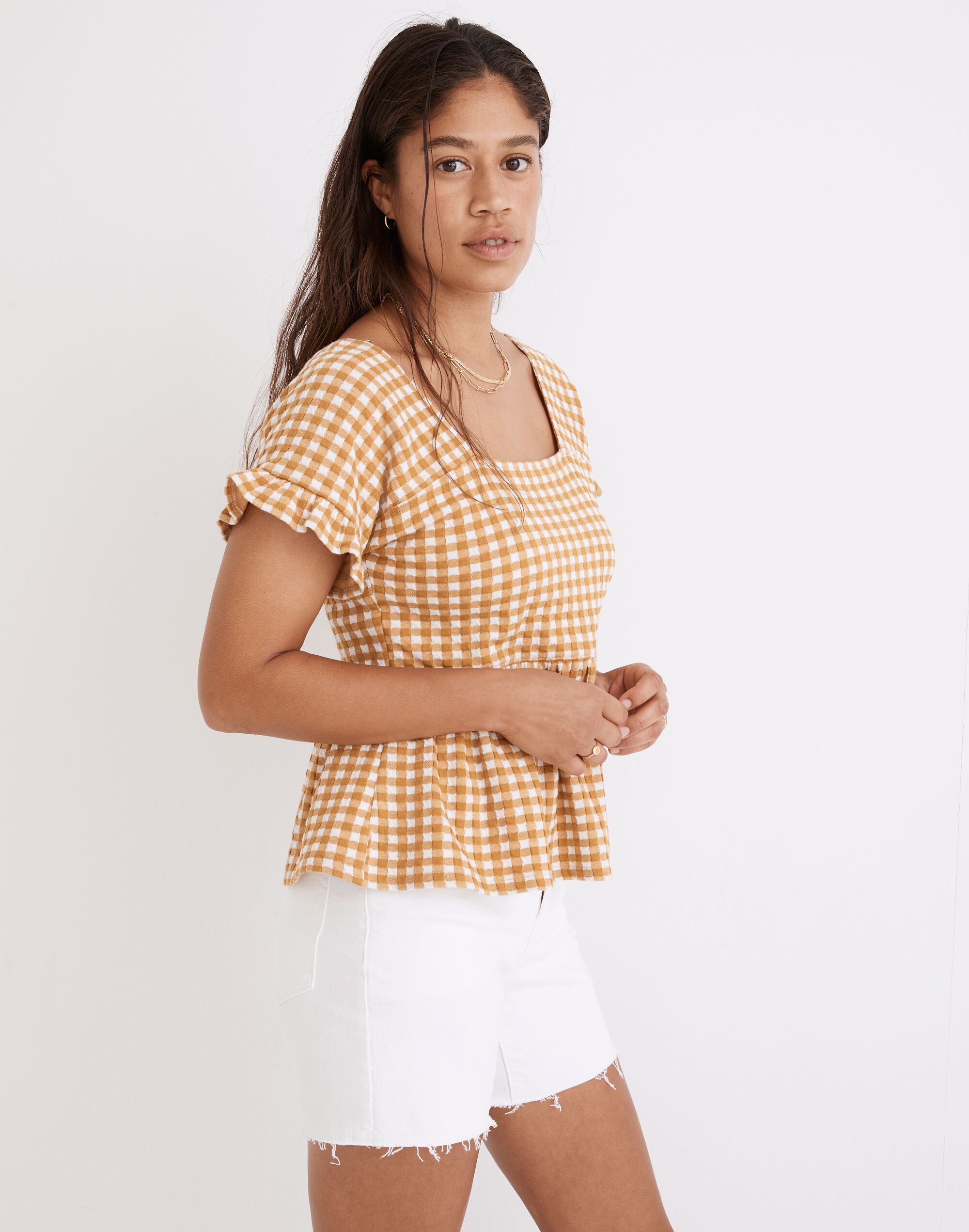 Gingham Knit Ruffle-Hem Top