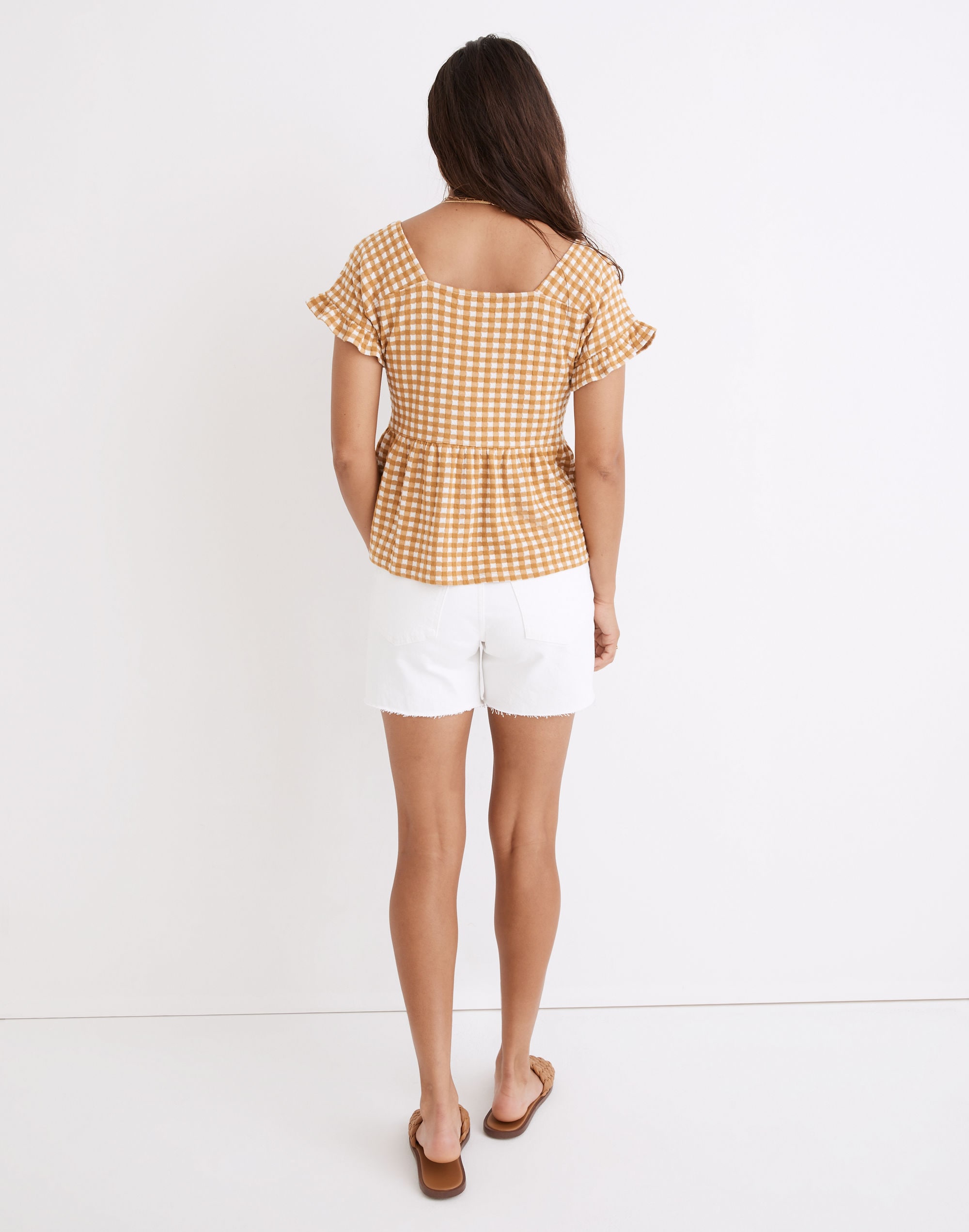 Gingham Knit Ruffle-Hem Top