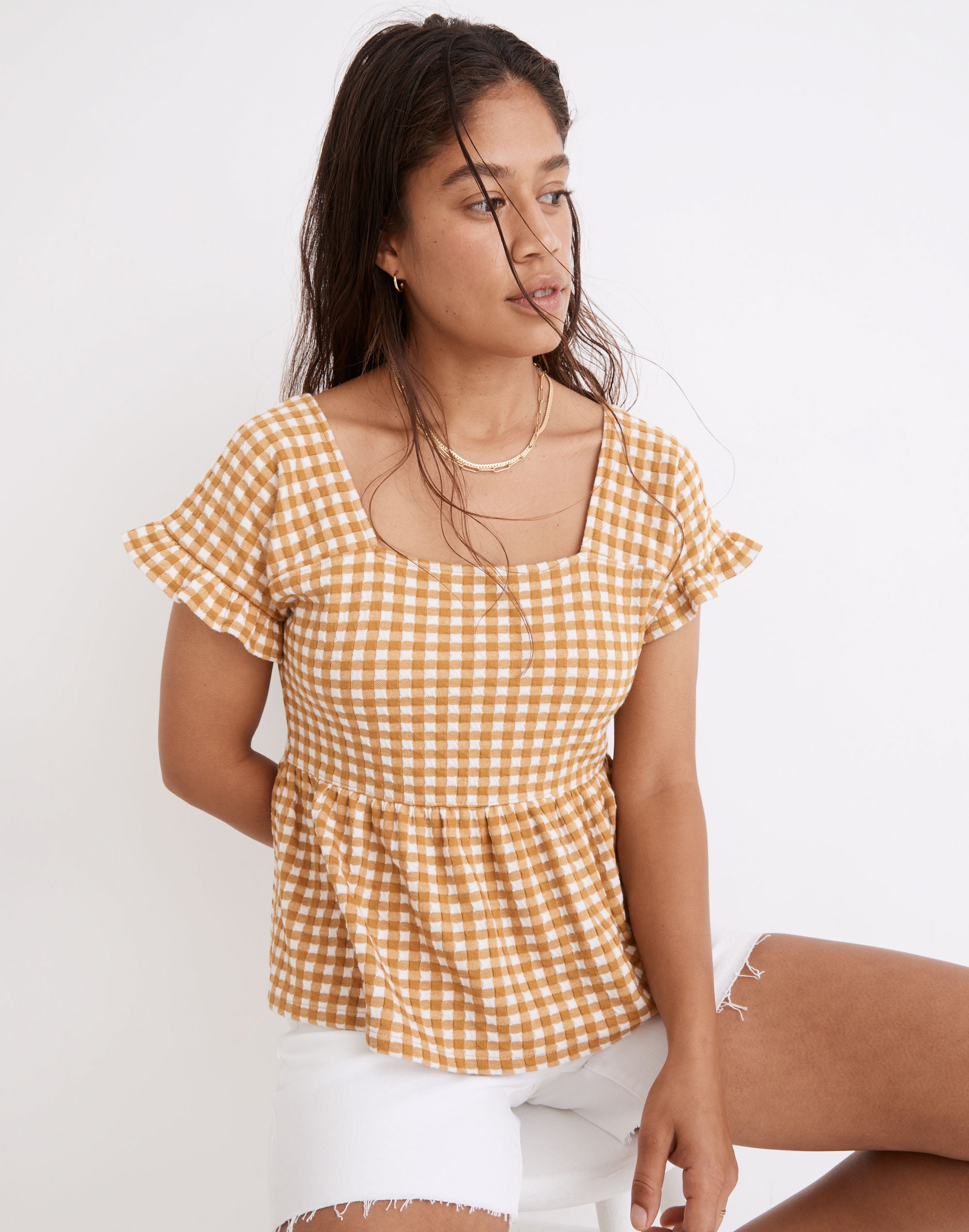 Gingham Knit Ruffle-Hem Top