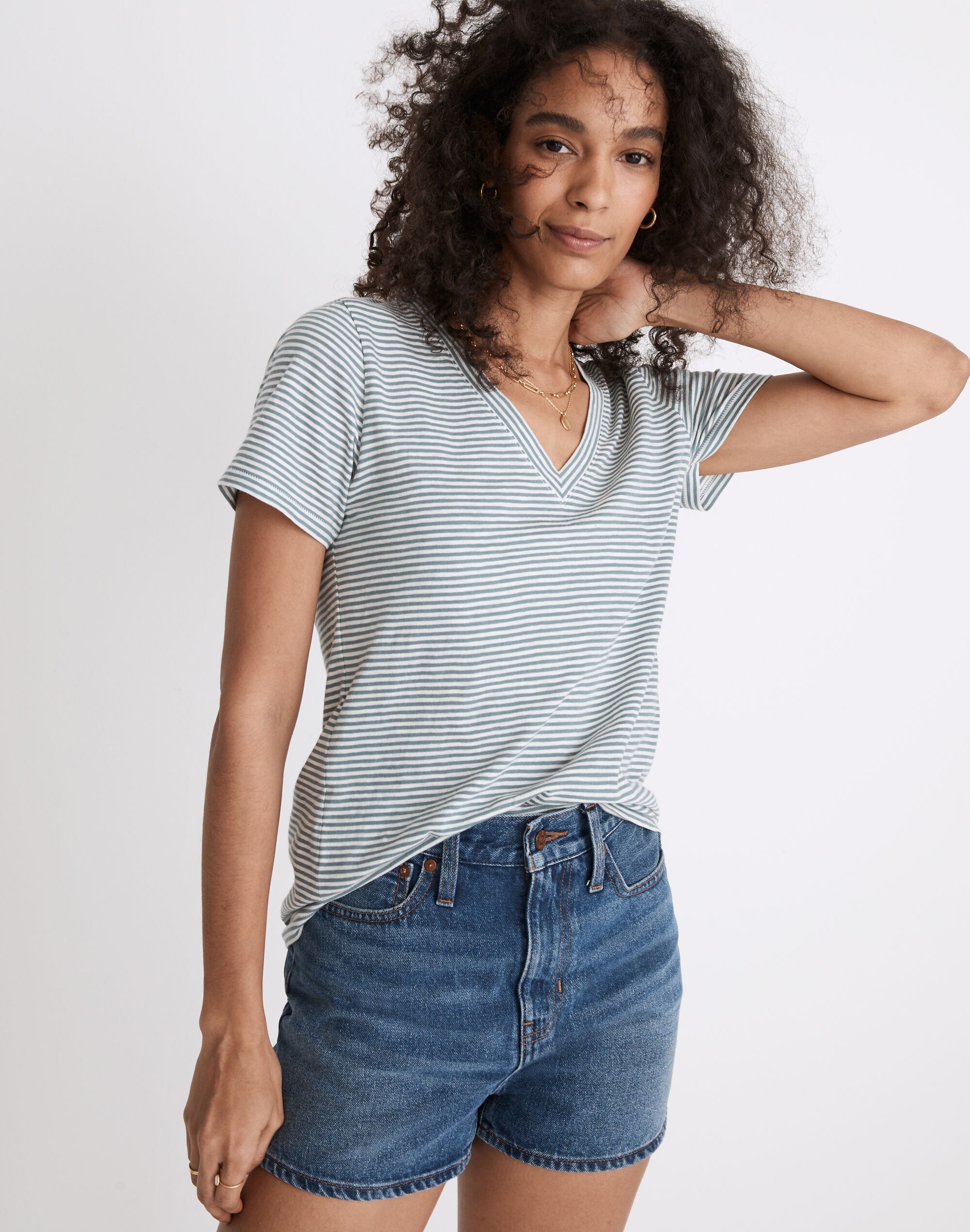 Whisper Cotton V-Neck Tee in Lighton Stripe
