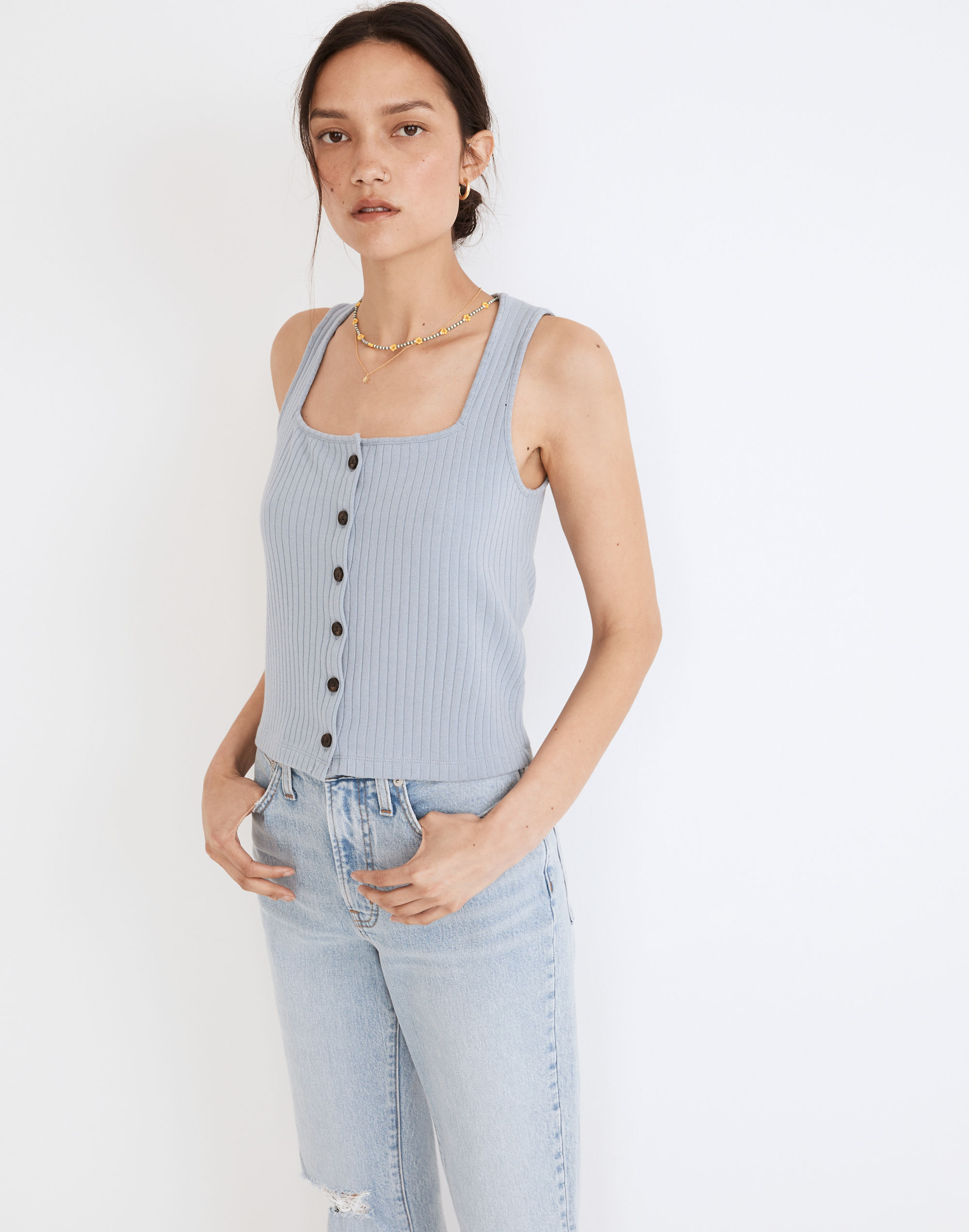 Ribbed Button-Front Crop Tank