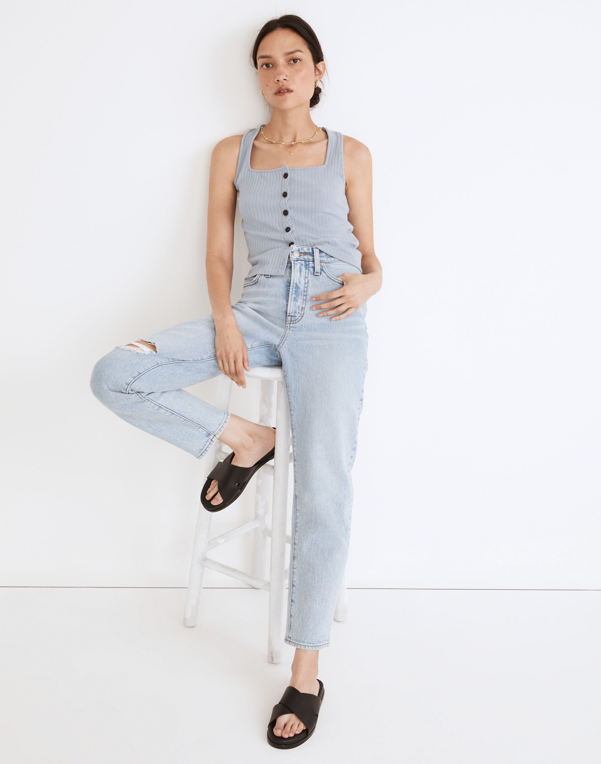 Ribbed Button-Front Crop Tank