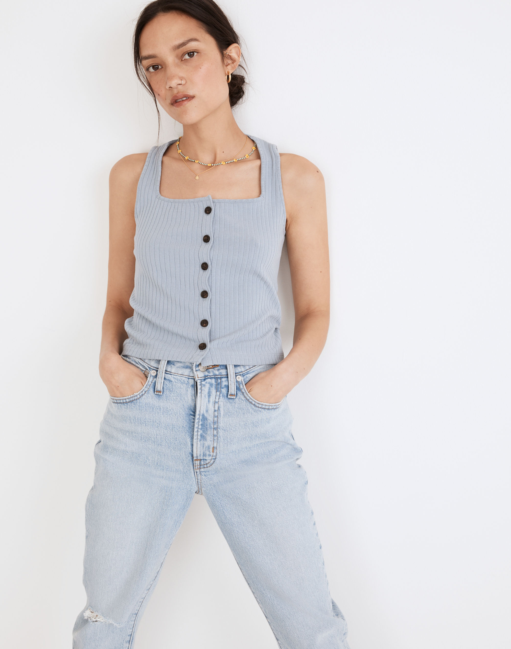 Ribbed Button-Front Crop Tank