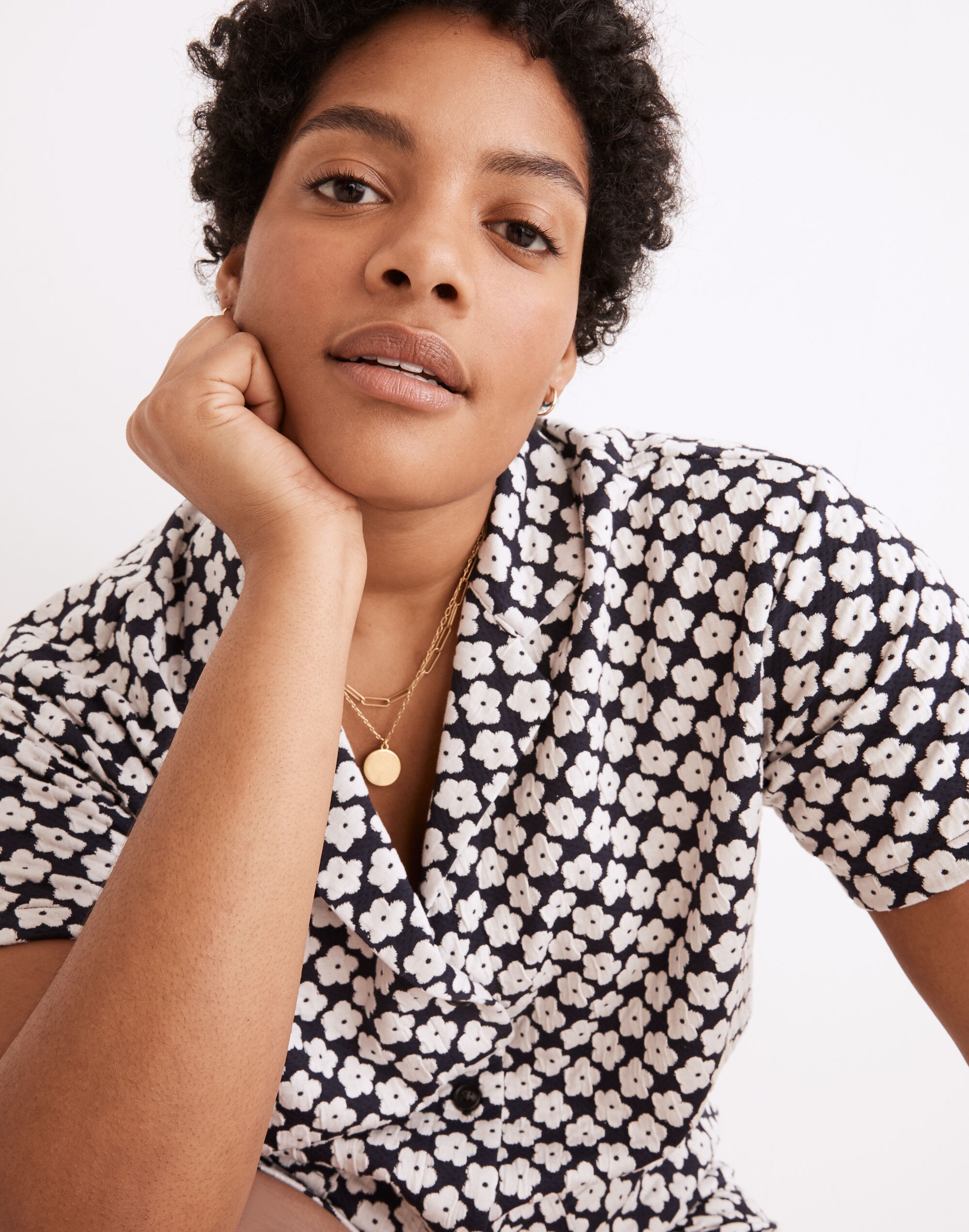 Floral Check Jacquard Knit Camp Shirt