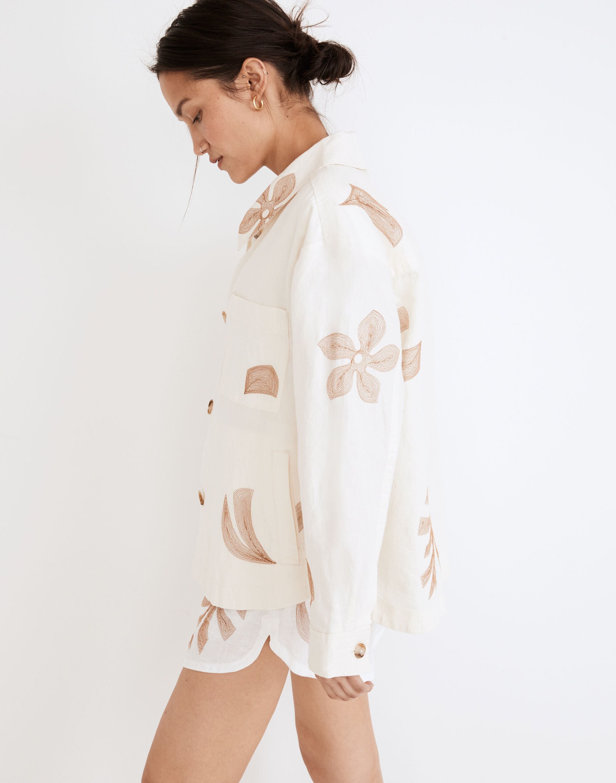 Embroidered Linen Crop Shirt-Jacket in Tropicale Floral